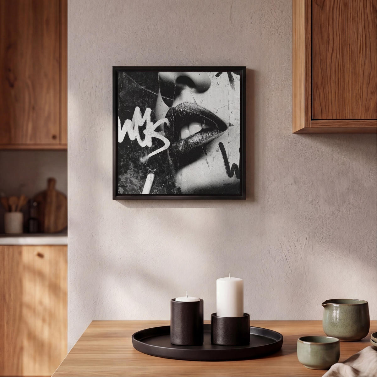 LEINWAND Bilder mit Rahmen - Gesicht - Mund - Graffiti - Schwarz - 20x20 - Schwarz, Textil (20/20cm) - MuchoWow