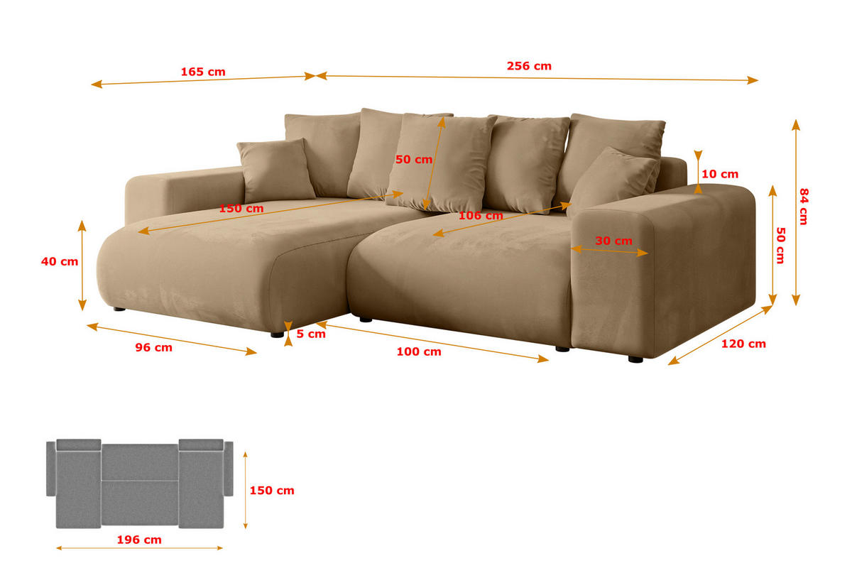 ECKSOFA mit Schlaffunktion und Bettkasten ESKAR-L 256x165x84cm Beige Velours - Beige/Schwarz, Holzwerkstoff/Kunststoff (165/256cm) - ALTDECOR
