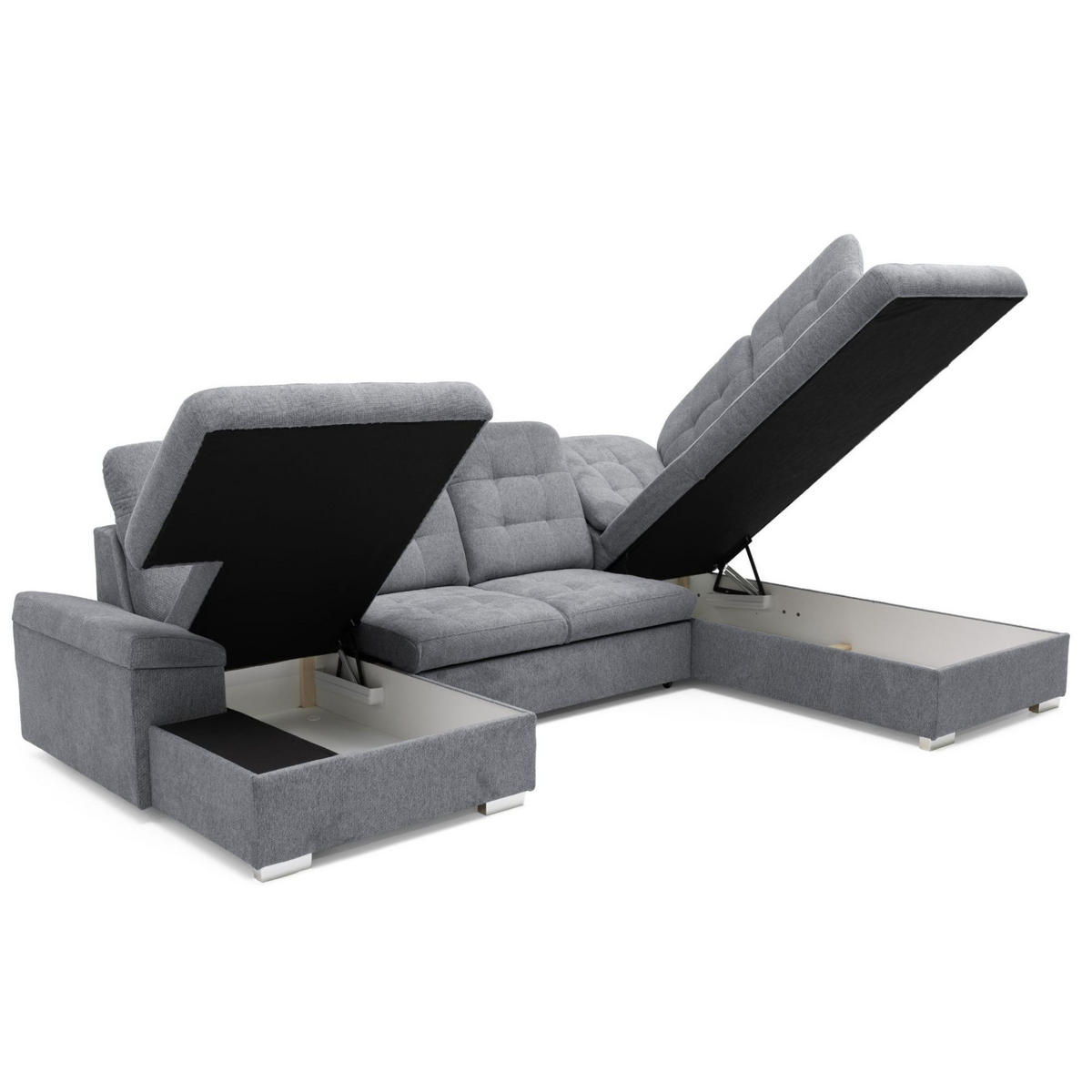 ECKSOFA U-Form OLIVIA U Rechts mit Schlaffunktion 124x257 Velours Grau - Silberfarben/Grau, Holz/Kunststoff (202/103/320cm) - Muffo