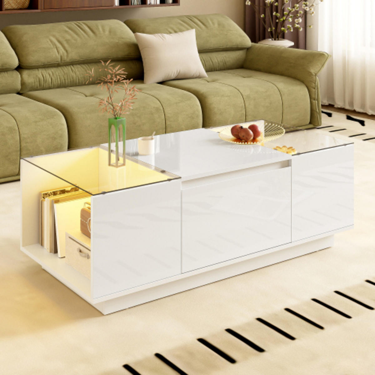 COUCHTISCH Weiß aus Spanplatte mit Bluetooth LED-Licht und Glasverkleidung 105×50×35 cm - Weiß, Holzwerkstoff (50/105/35cm) - Luhomfu