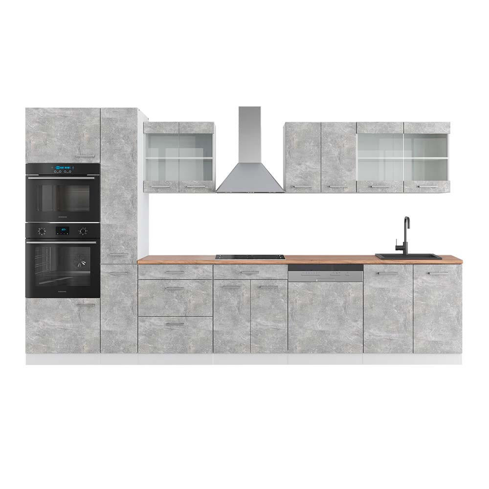 KÜCHENZEILE R-Line Beton/Weiß 350 cm mit Hochschrank, AP Eiche - Schieferfarben/Weiß, Holzwerkstoff (350/81.6/60cm) - Vicco