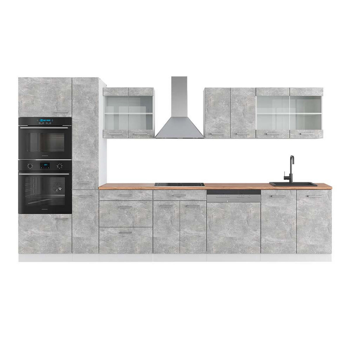 KÜCHENZEILE R-Line Beton/Weiß 350 cm mit Hochschrank, AP Eiche - Schieferfarben/Weiß, Holzwerkstoff (350/81.6/60cm) - Vicco