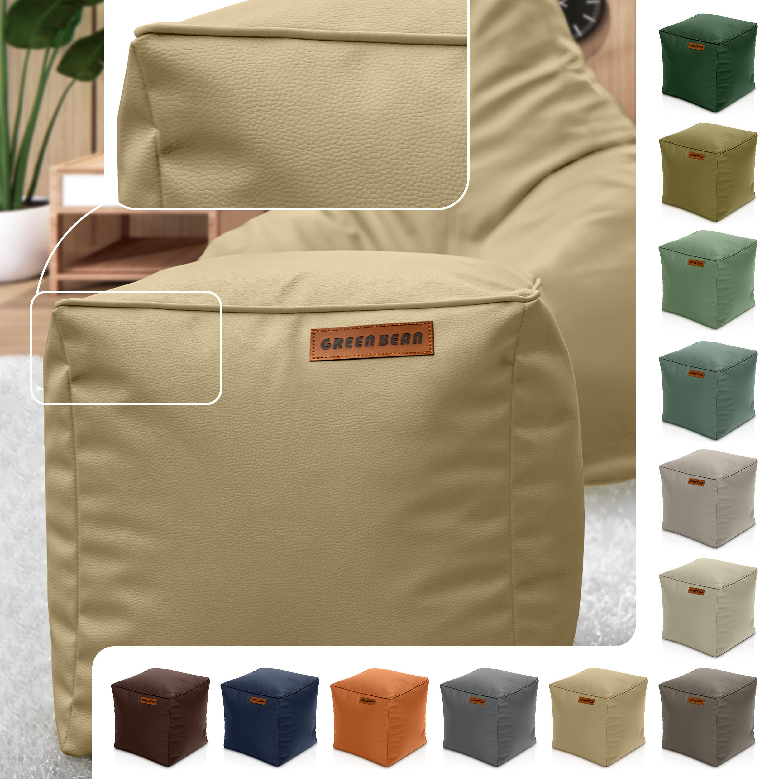 INDOOR HOCKER Cube eckig Kunstleder - Beige, Textil (40/40/40cm) - Green Bean