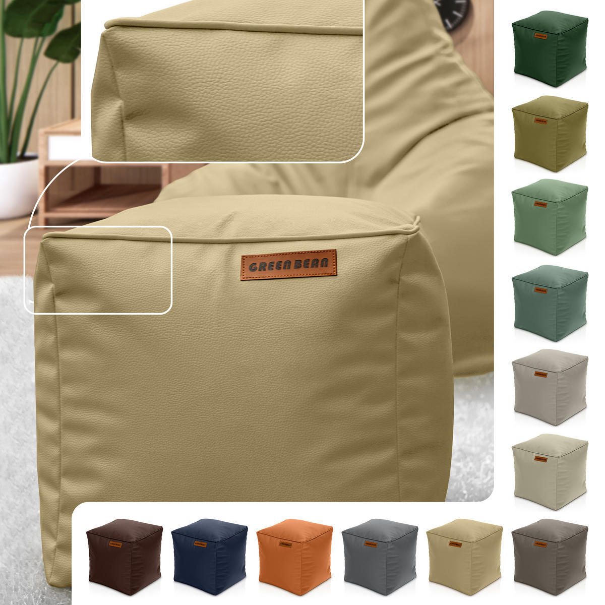 INDOOR HOCKER Cube eckig Kunstleder - Beige, Textil (40/40/40cm) - Green Bean