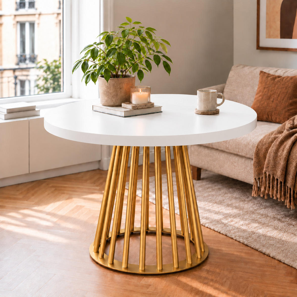 ESSTISCH rund ausziehbar 110/310/76 cm, Weiß, 54 cm Tischplatte + Lamellen-Metallgestell Gold - Goldfarben/Weiß, Holzwerkstoff/Metall (110/310/76cm) - Damale Möbel