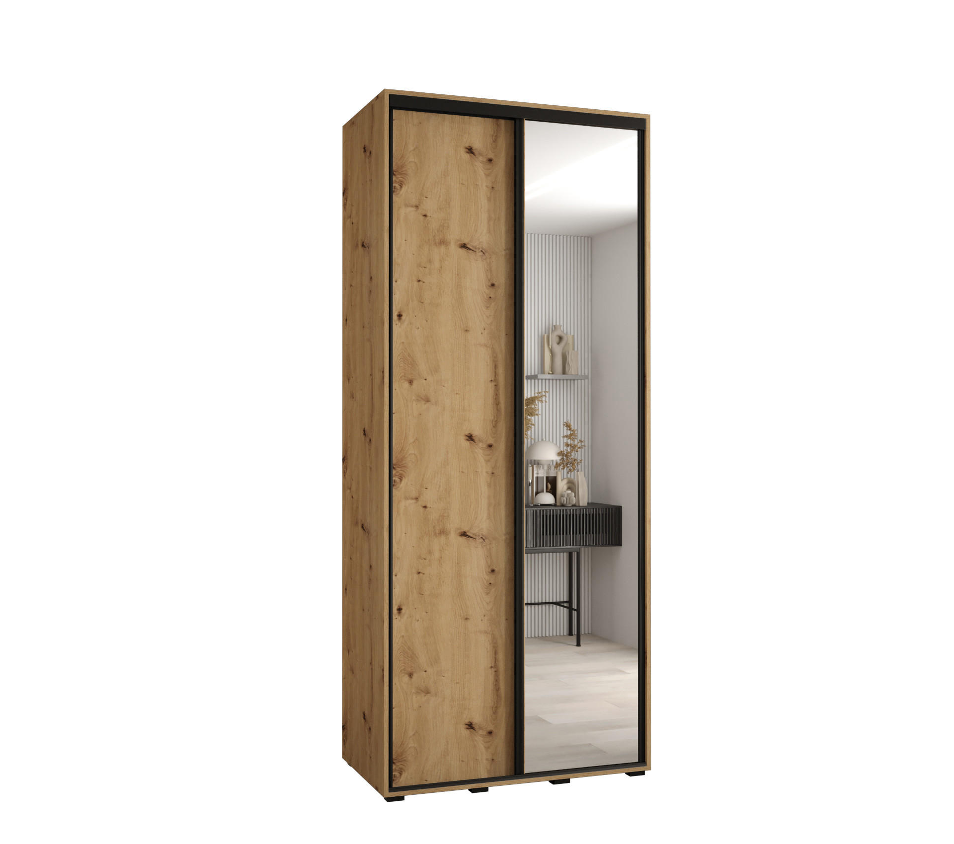 Abiks Möbel Schwebetürenschrank Eiche Artisan, Schwarz, Schwarz 100x235x45 cm