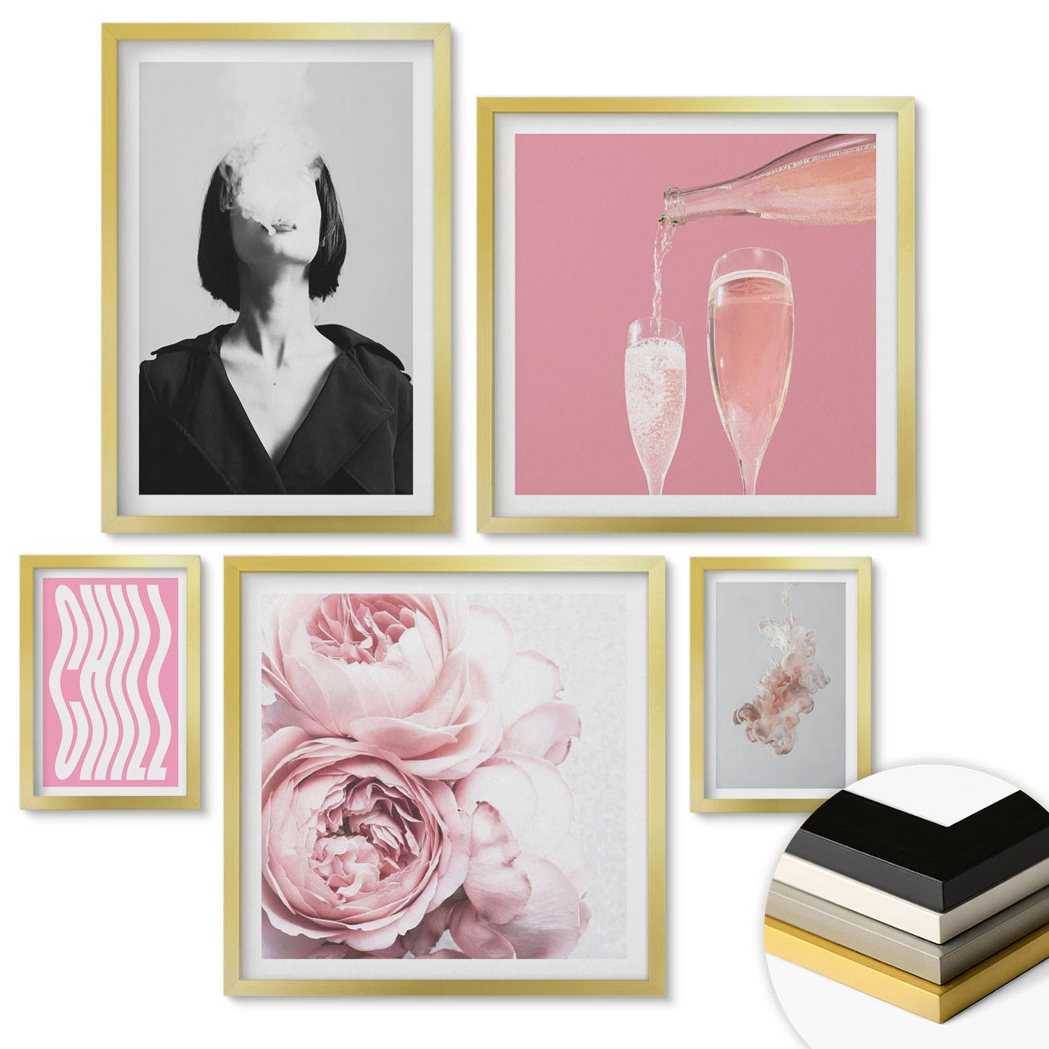 WANDBILDER 5er Set - 50x50 cm & 20x30 cm & 40x60 cm Goldrahmen - Stilvolles Porträt mit Champagner - Goldfarben, Kunststoff (40/60cm) - ArtPrintCave