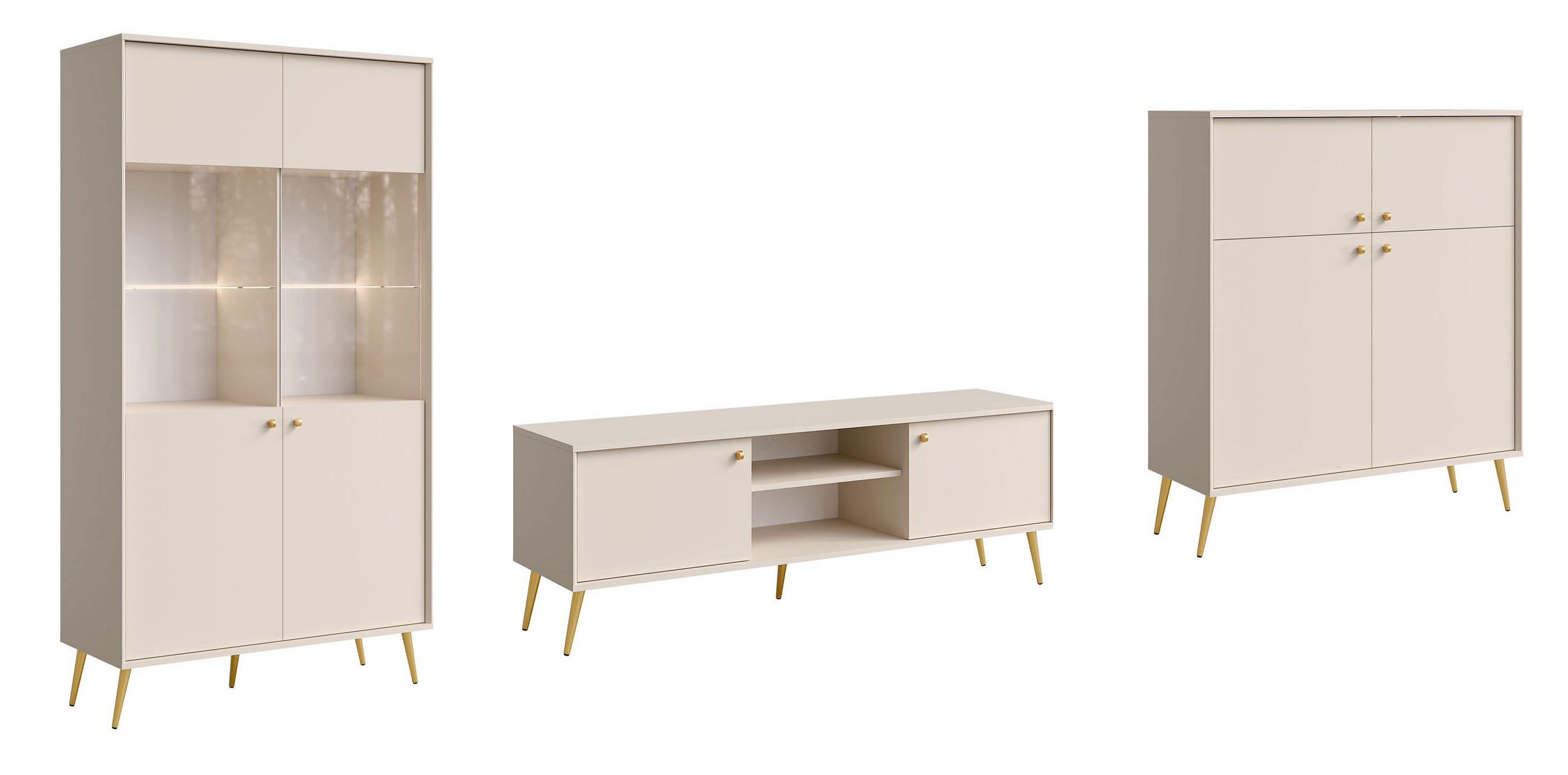 WOHNZIMMER SET 3-TEILIG Rose sandbeige 366,5 / 40,5 / 191cm - Beige/Goldfarben, Holzwerkstoff/Metall (366.5/191/40.5cm) - Feldmann-Wohnen