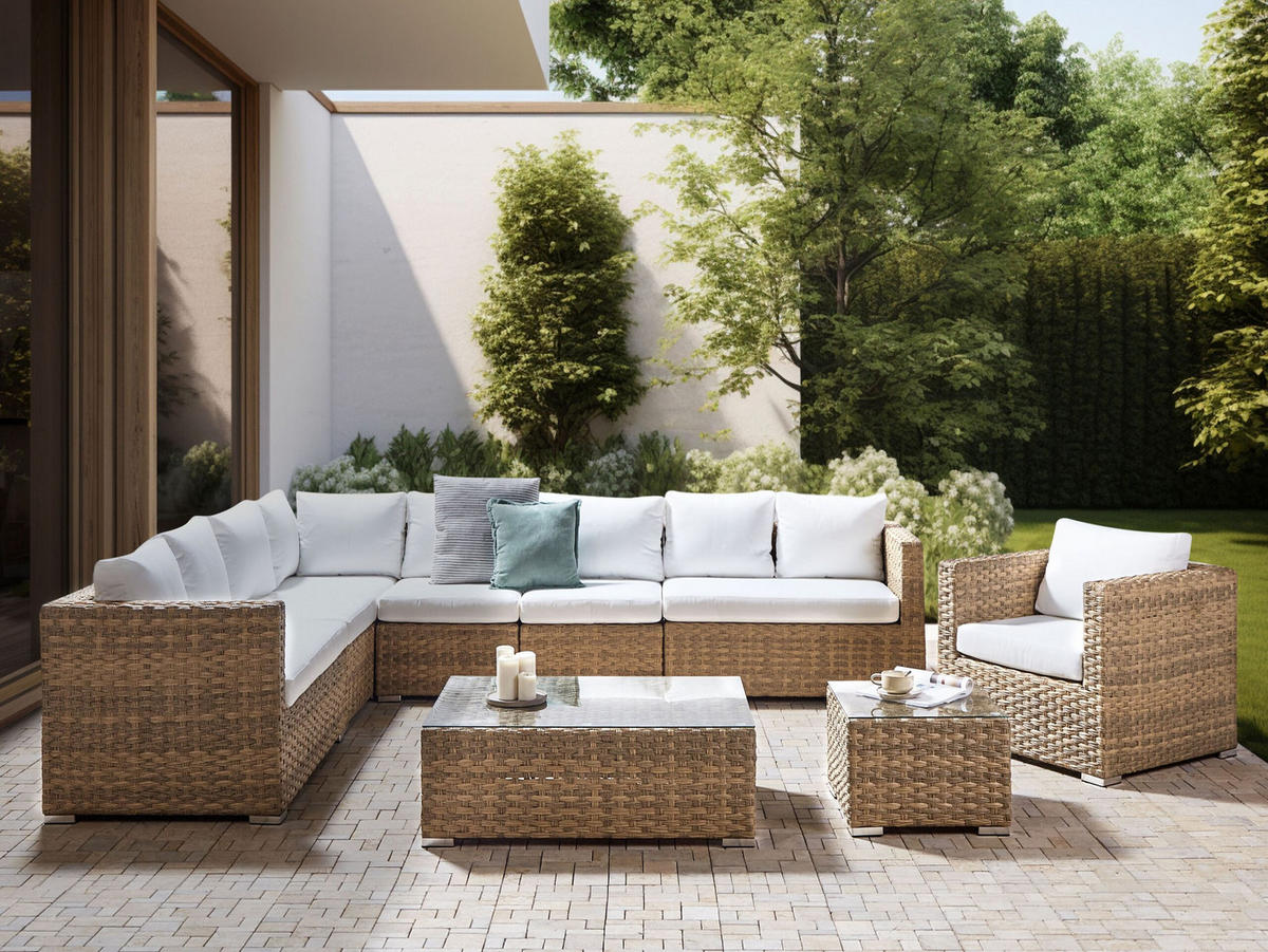 LOUNGE-SET 8-Sitzer hellbraun linksseitig modular Auflagen cremeweiß XXL - Creme, Kunststoff - Beliani