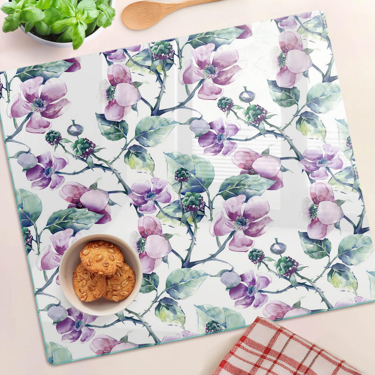GLASPLATTE 60x52 cm Brombeerblüten - Lila, Glas (60/0.4/52cm) - TULUP