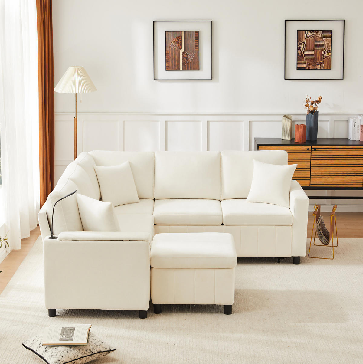 ECKSOFA Chenille mit Schlaffunktion, Hocker und USB-Anschluss 205/205/85 cm Beige - Beige, Textil (205/205cm) - Redom