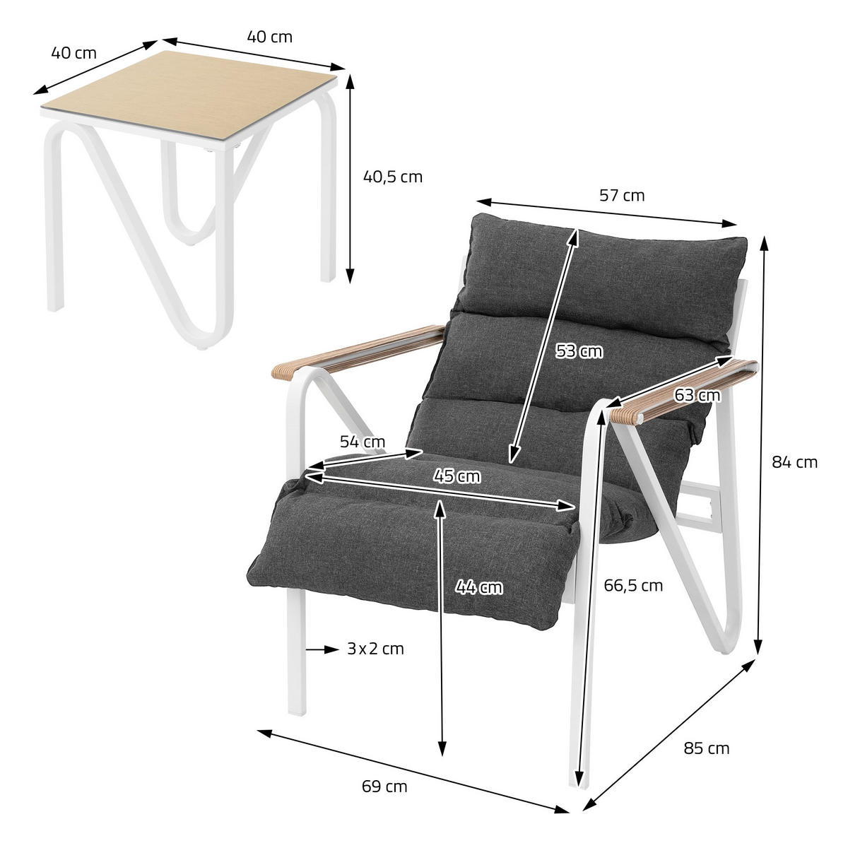 ZAHRADNÍ nábytek, 3dílná sada, bílá-šedá, s ocelovým rámem - bílá/antracitová, kov/textil - ML-DESIGN