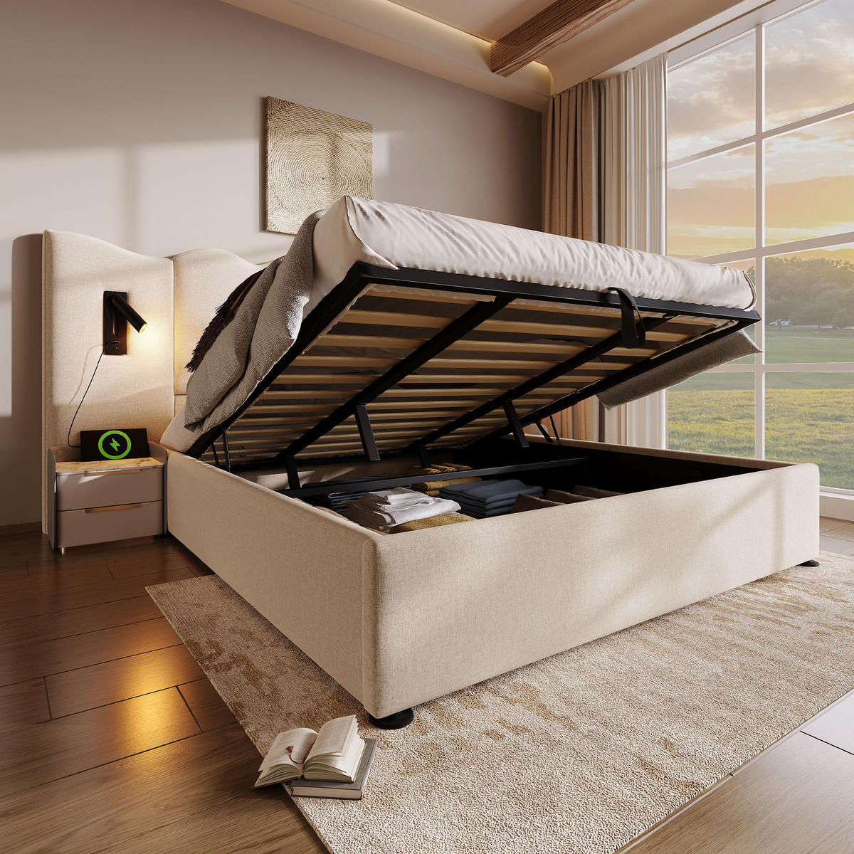 POLSTERBETT 180/200 cm mit USB-C, Leselampe und hydraulischem Bettkasten aus Leinen, Beige - Beige, Leder (180/200cm) - Redom