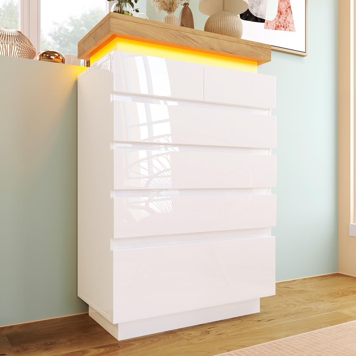 SIDEBOARD 73/39/115 cm in Weiß mit 6 Schubladen und LED-Beleuchtung - Weiß, Holzwerkstoff (73/115/39cm) - Flora Grace