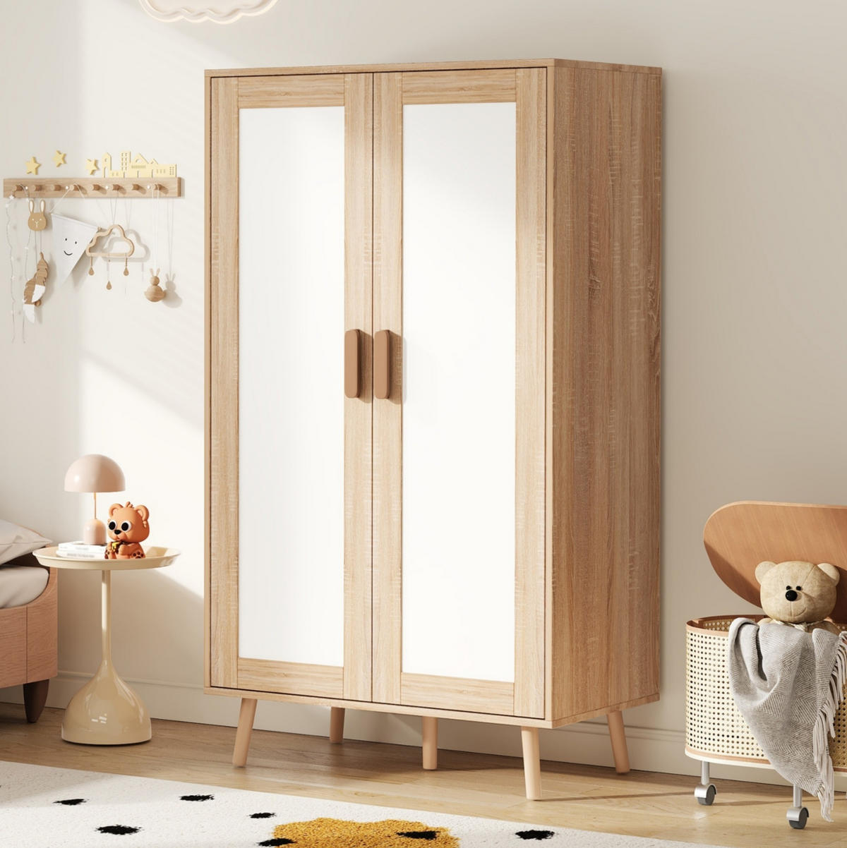 KLEIDERSCHRANK aus MDF 80x46x141,5 cm Weiß/Natur mit Kleiderstange, Ablagefach und Kippschutz - Naturfarben, Holzwerkstoff (80/141.5/46cm) - Modfu