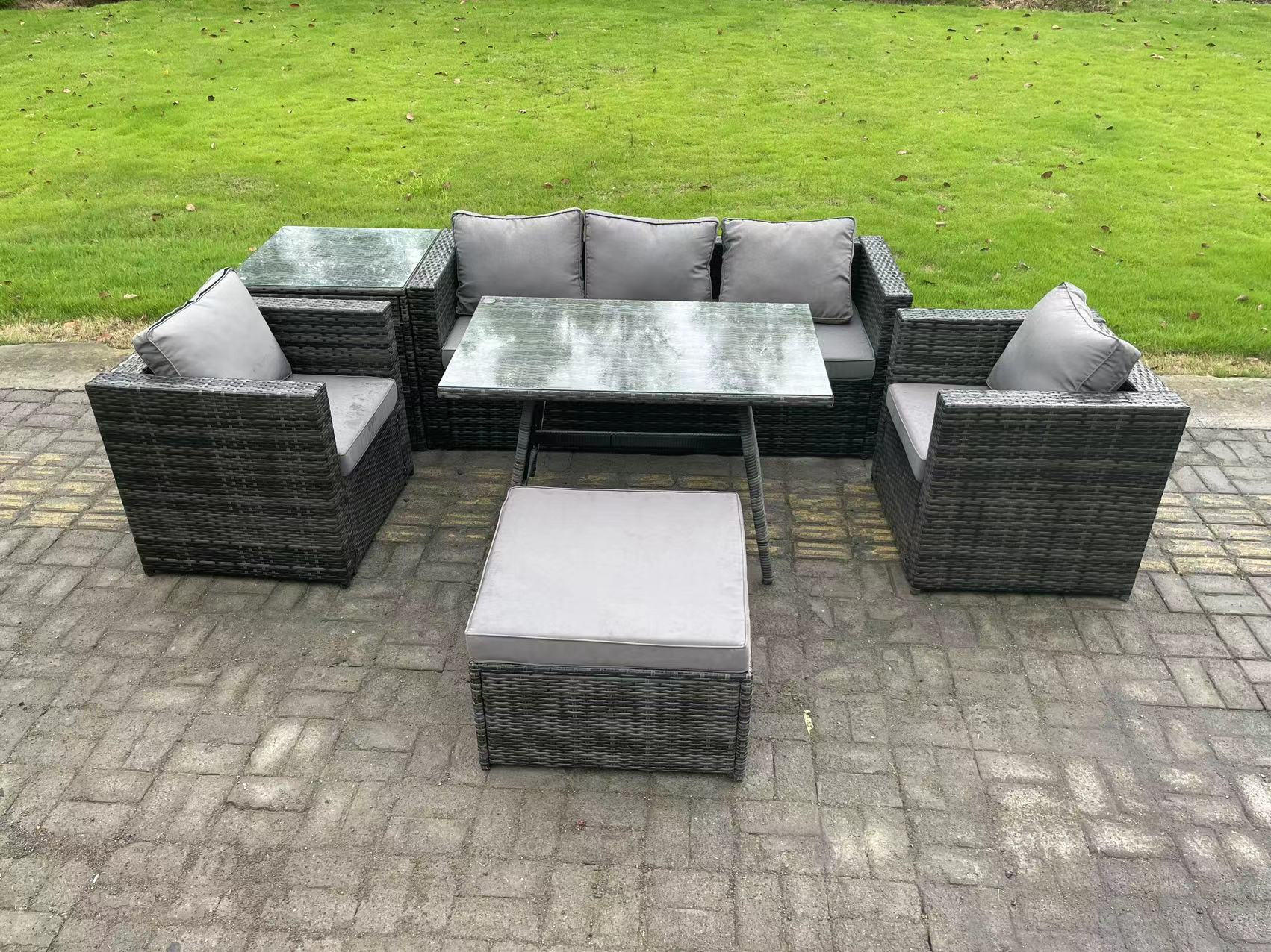 GARTENMÖBELSET mit Esstisch Hocker 6-Sitzer Grau - Dunkelgrau/Grau, Glas/Kunststoff - Fimous