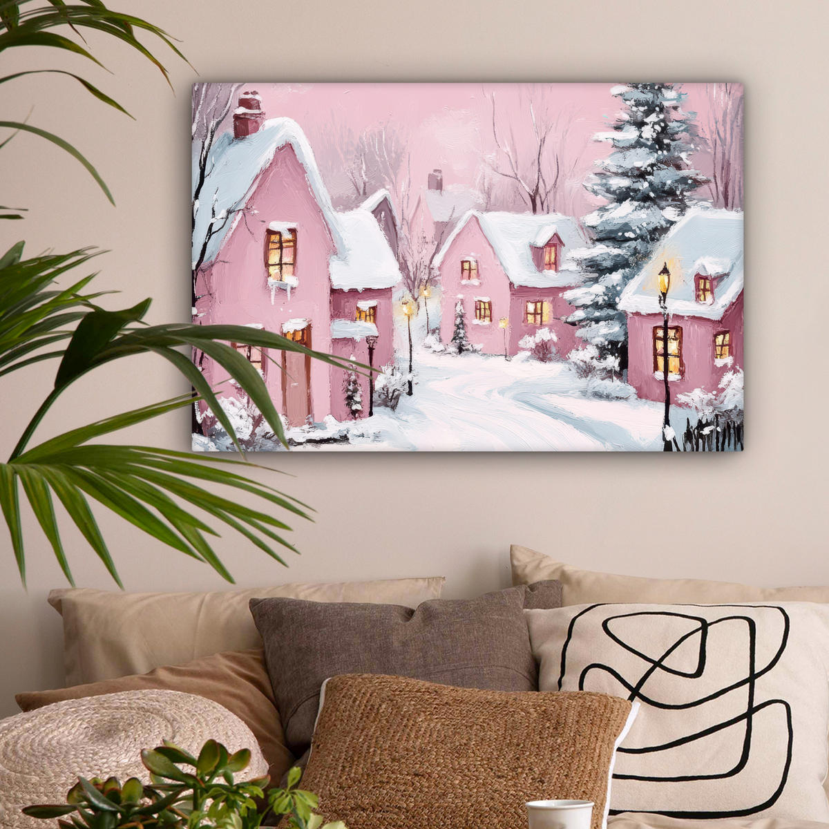 LEINWANDBILD Weihnachtsdorf - Rosa - Winter - Schnee - Häuser Wanddeko 90x60 cm - Altrosa, Textil (90/60cm) - MuchoWow