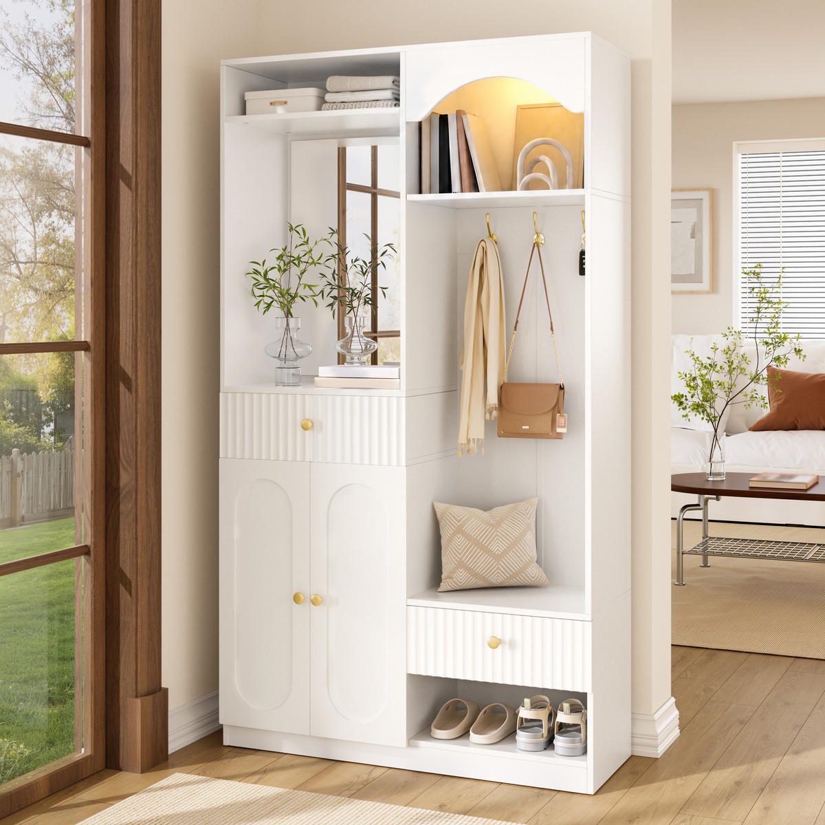 KOMPAKTGARDEROBE Spiegel Schuhschrank Sitzbank Haken LED - Weiß, Holzwerkstoff (100/180/35cm) - FLIEKS