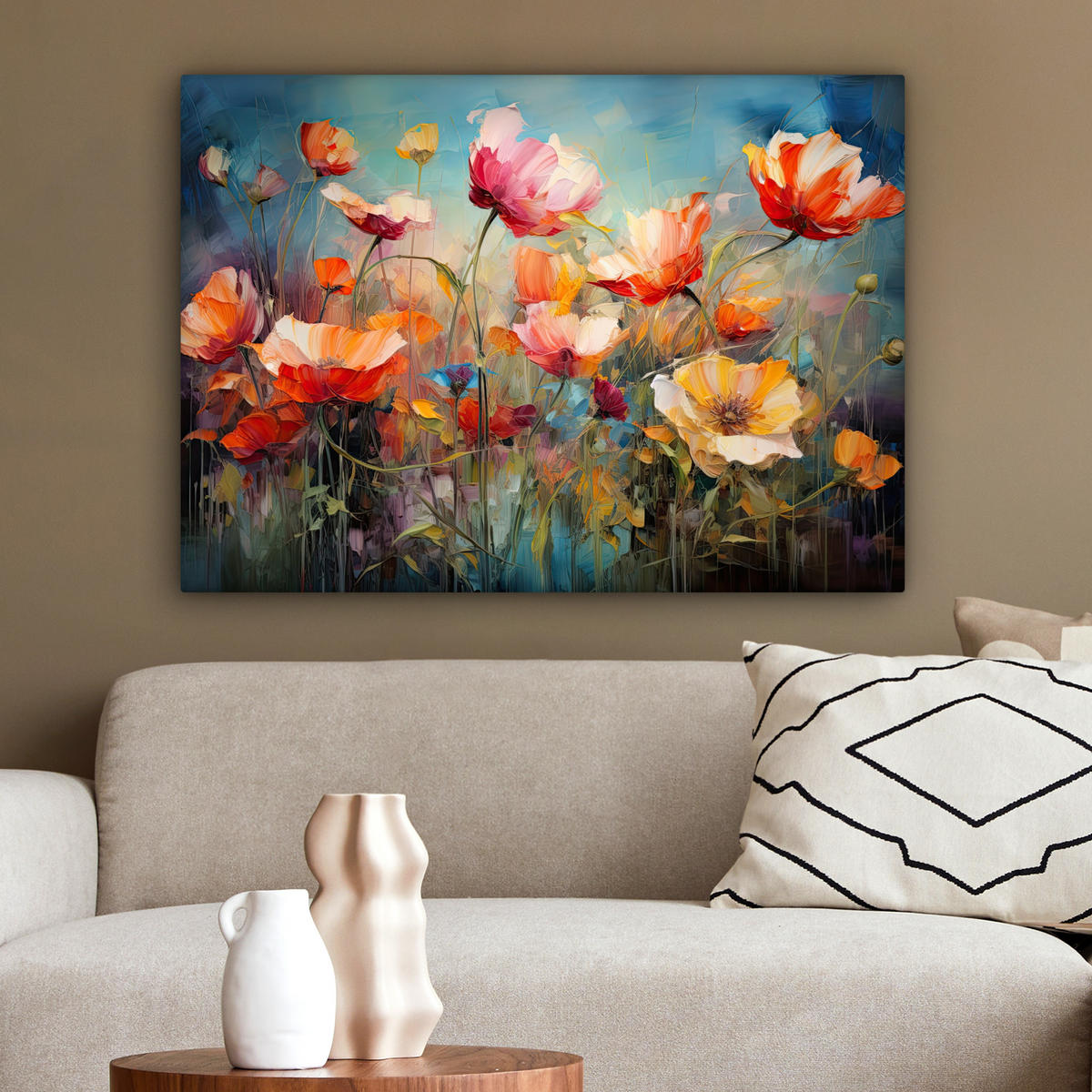 LEINWANDBILD Blumen - Aquarell - Kunst - Botanisch - Natur Wandbilder 80x60 cm - Orange, Textil (80/60cm) - MuchoWow
