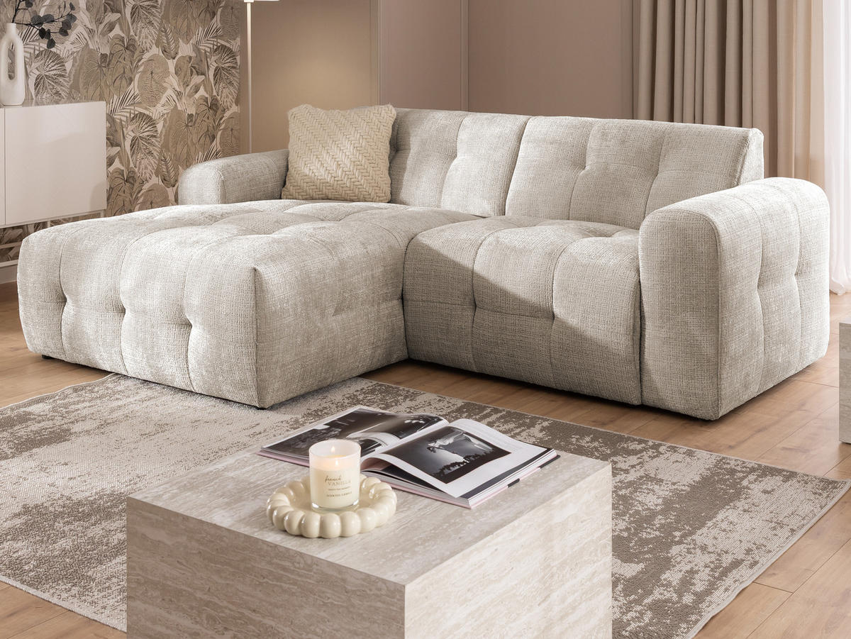 ECKSOFA Kozy im Bumpy-Design mit fester Rückenlehne aus weichem Dunkelbeige Chenille-Stoff - Ottomane links - Beige/Schwarz, Holz/Kunststoff (161/234cm) - S-Style Möbel