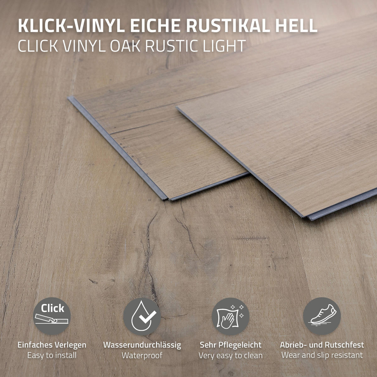 VINYLOVÁ PODLAHA s klikovým systémem 1,54 m²/7 lamel, PVC podlahová krytina, dub rustikální světlý, vzhled dřeva - barva dubu, plast/umělá hmota (122/18/0.42cm) - ML-DESIGN