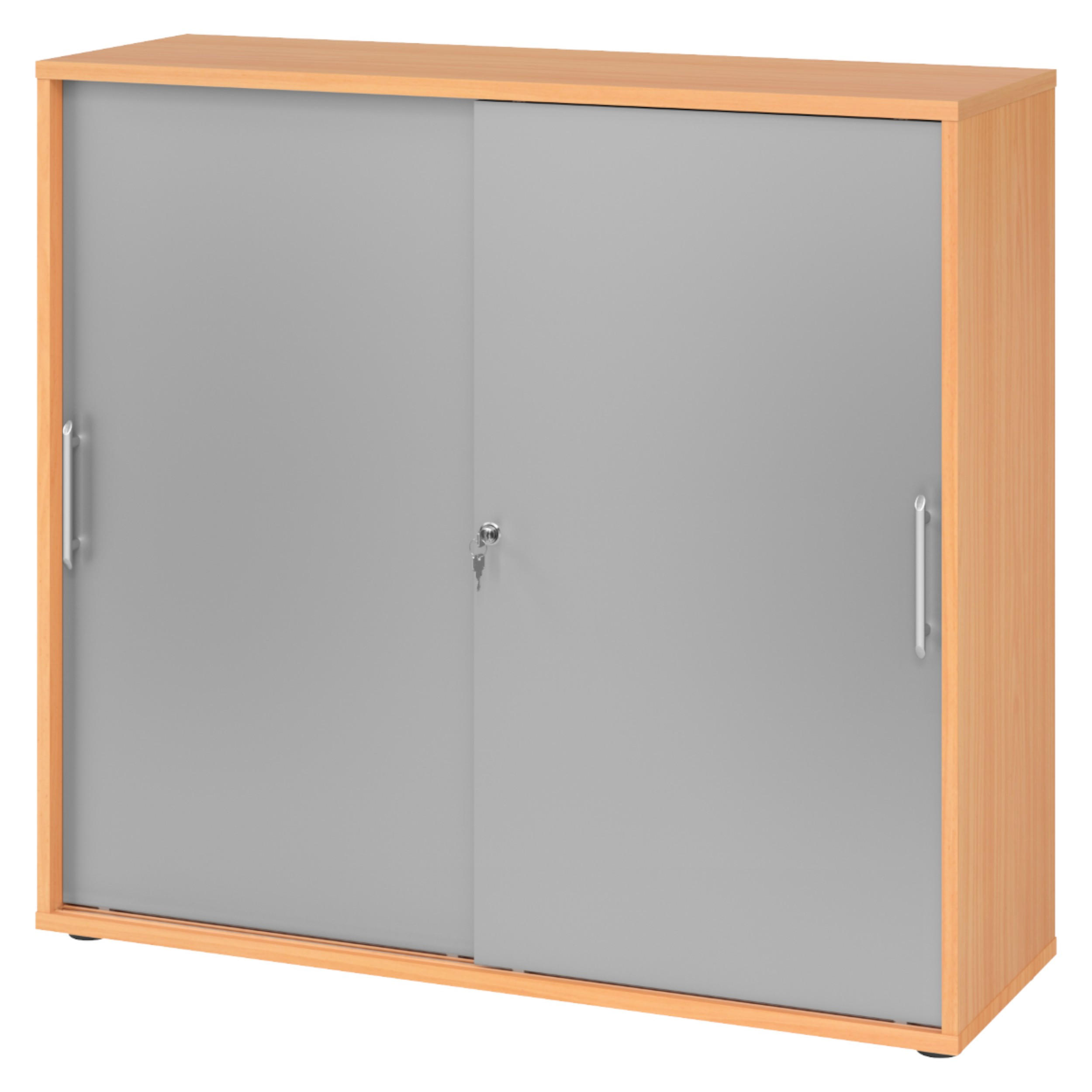 SCHIEBETÜRENSCHRANK - 3 Ordnerhöhen 40/120/110 cm in Buchefarben/Silberfarben Relinggriff (Kunststoff) - Buchefarben/Silberfarben, Holzwerkstoff (120/110/40cm) - bümö