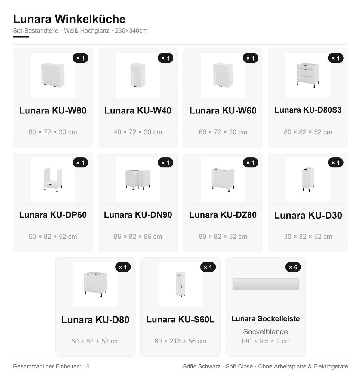 ECKKÜCHE – 340 cm – KU-S61 – Lunara – Weiß Hochglanz – ohne E-Geräte - Weiß Hochglanz/Schwarz, Holzwerkstoff/Metall (340/213/56cm) - hi-markt