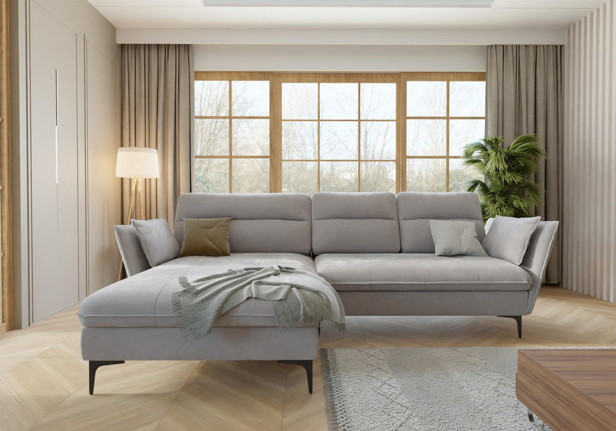 ECKSOFA Mira Hellgrau Samt-Stoff - Hellgrau/Schwarz, Textil/Metall (260/168cm) - S-Style Möbel