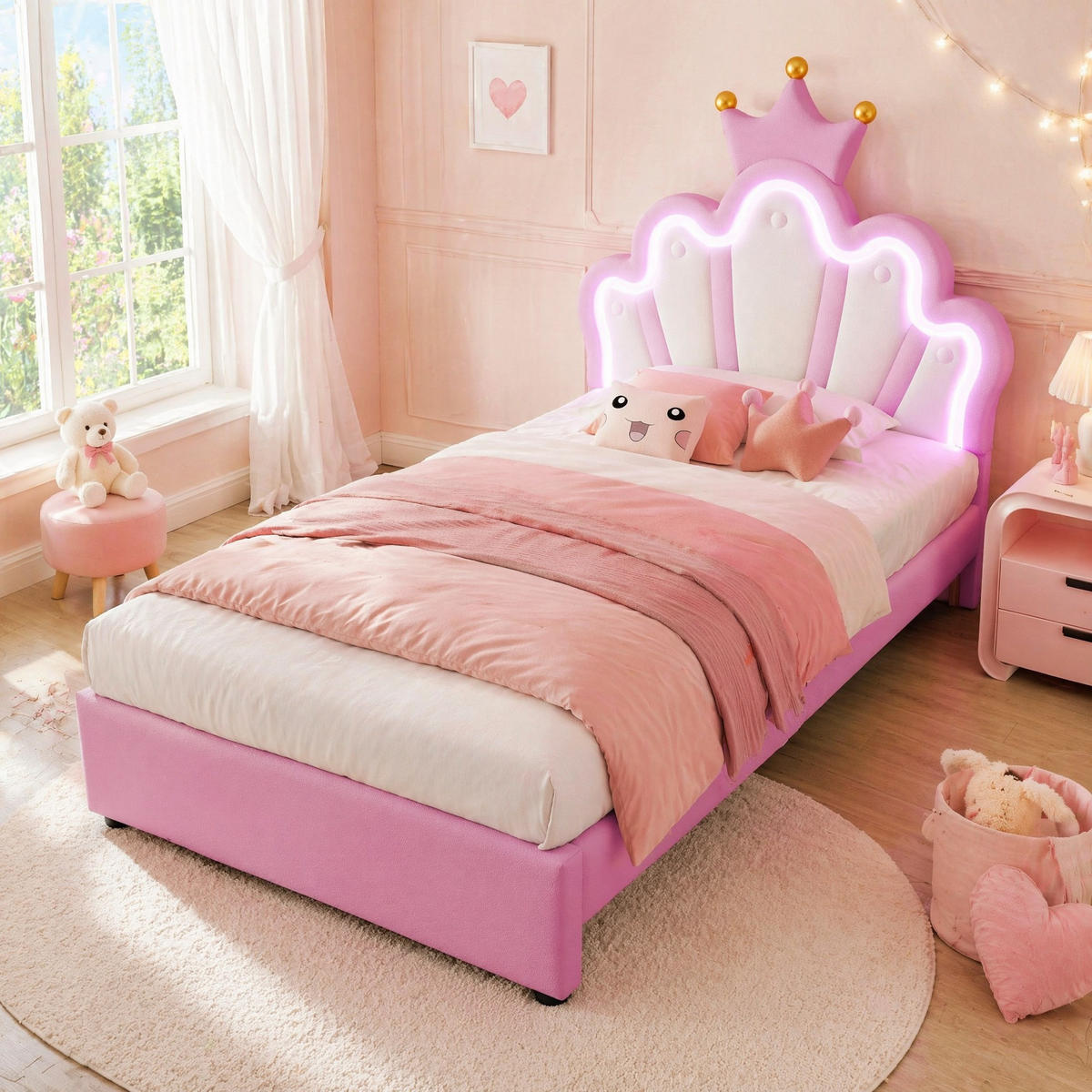 KINDERBETT 90/200 cm in Rosa mit 2 Schubladen, LED und Verstellbarem Kopfteil aus PU - Rosa, Holzwerkstoff/Textil (90/200cm) - CHICFURN