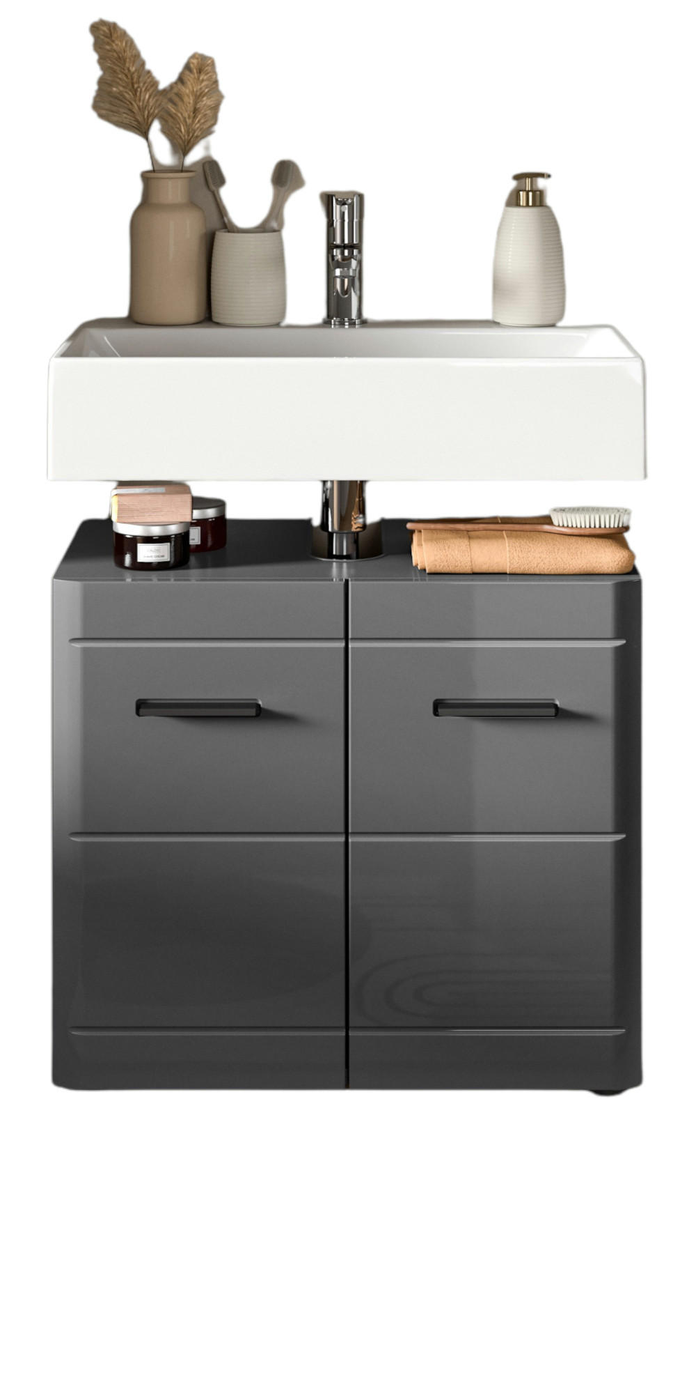 WASCHBECKENUNTERSCHRANK grau Hochglanz 60 cm mit Soft-Close - Schwarz/Grau, Holzwerkstoff/Kunststoff (60/56/34cm) - Inn.Furn