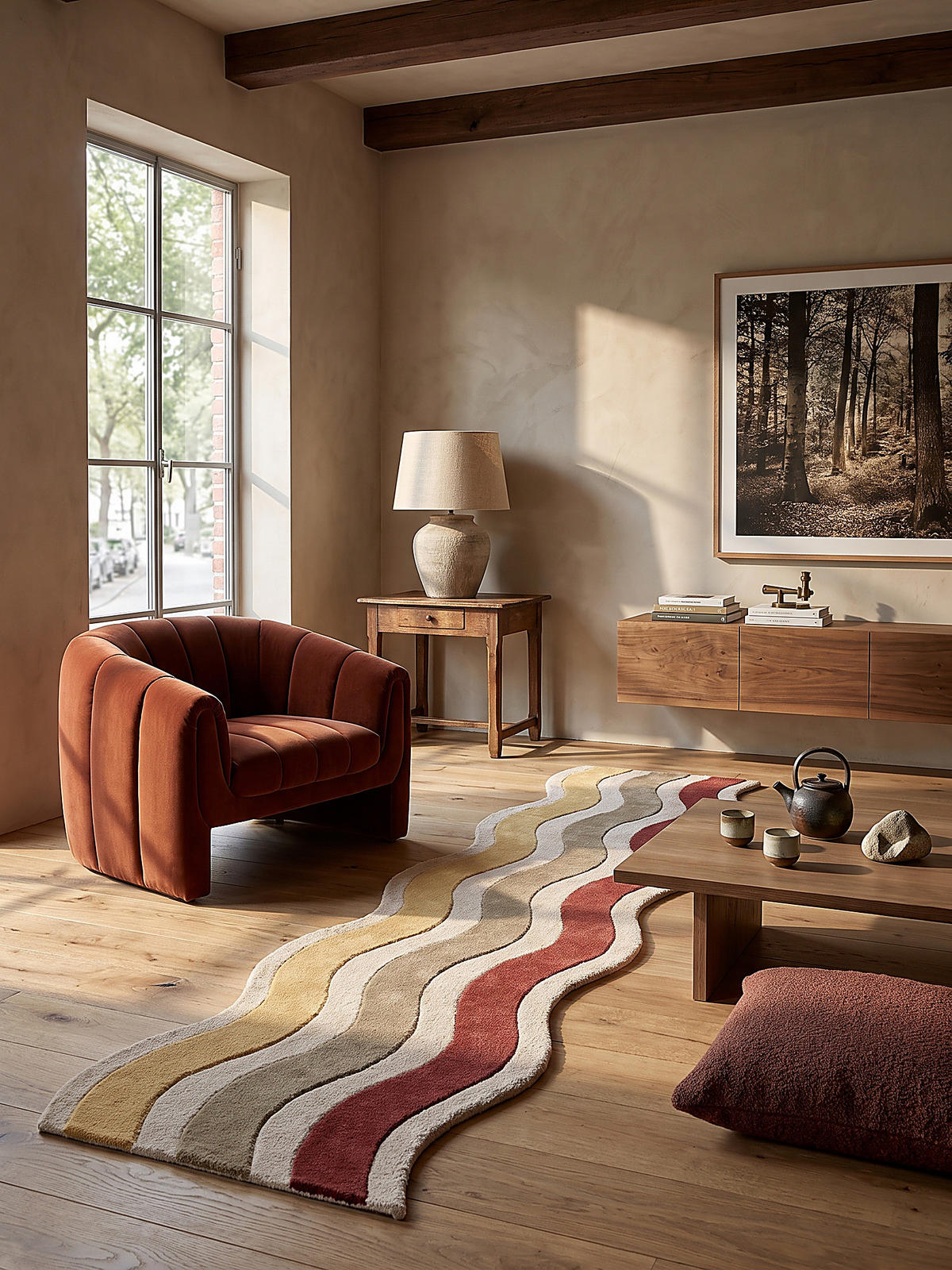 TEPPICHLÄUFER handgetuftet MONNOW, Wellenstreifen, Natur-Rot, 80 x 300 cm - Beige, Textil (80/300cm) - KADIMA DESIGN