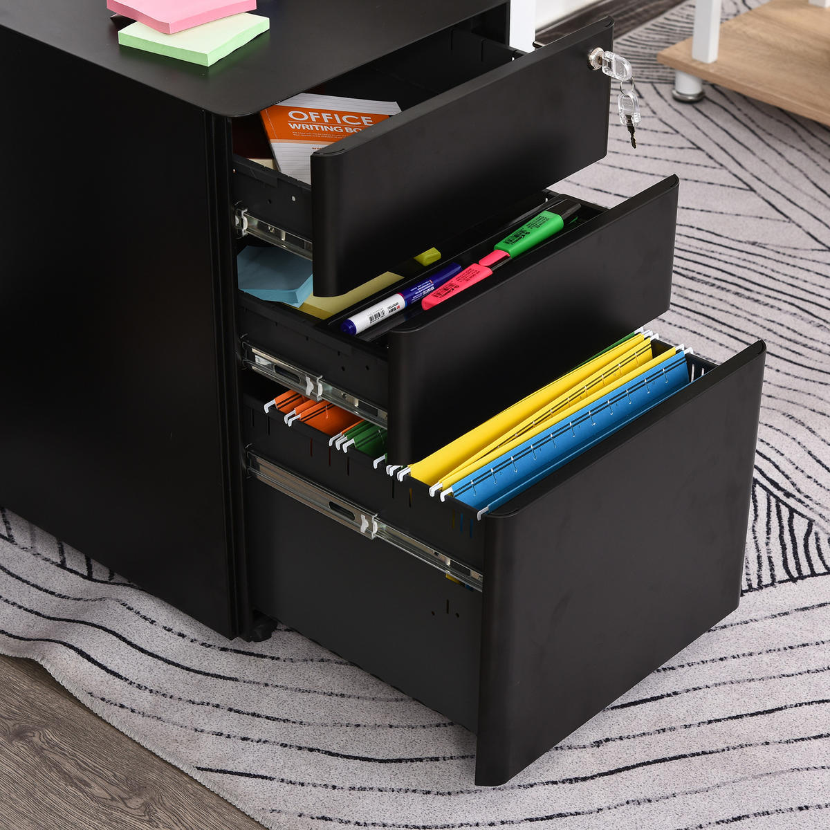 ROLLCONTAINER mobiler Aktenschrank mit 3 Schubladen Büroschrank Stahl Schwarz - Schwarz, Metall (48/59/39cm) - Vinsetto