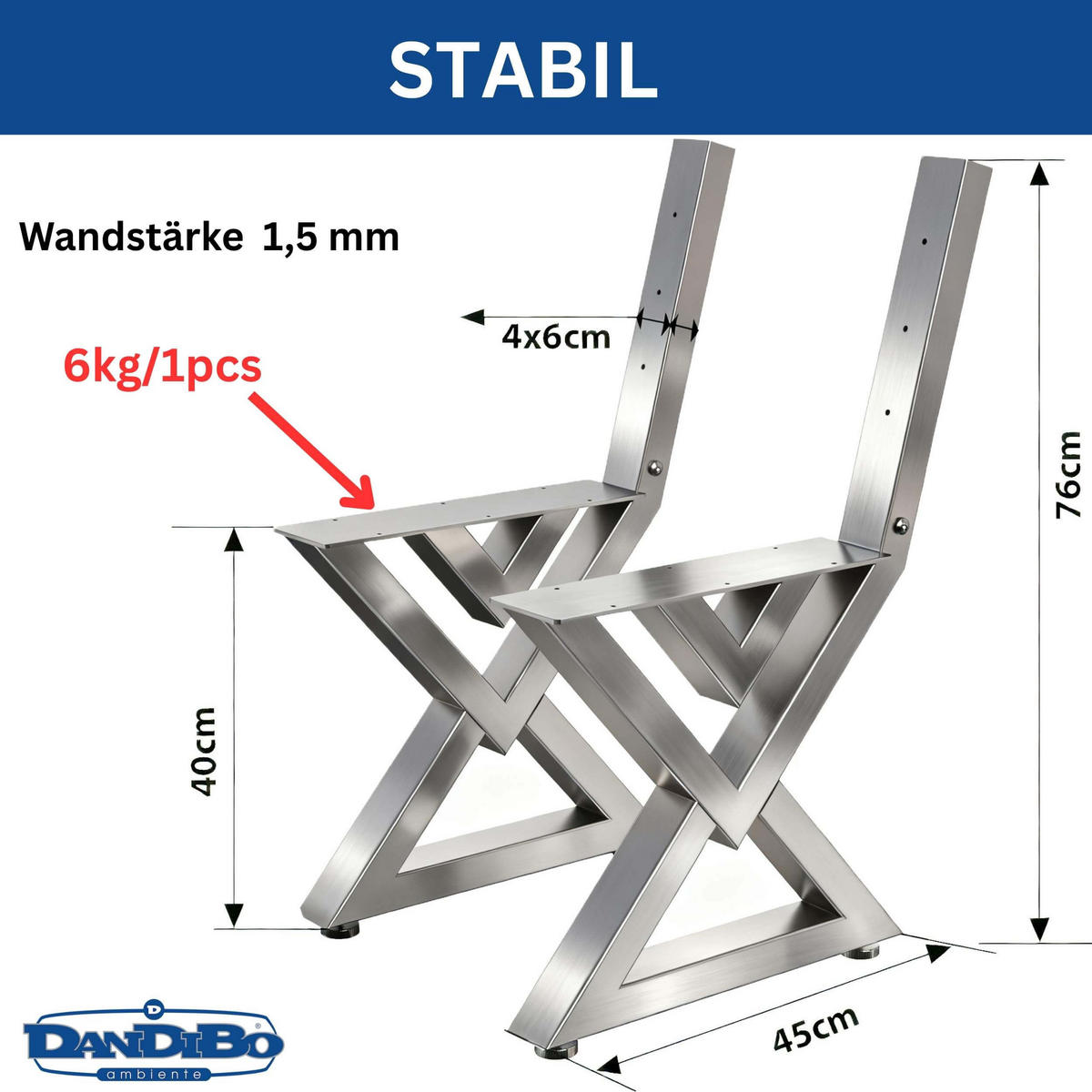 BANKGESTELL mit Lehne Edelstahl Set DIY Bank - Edelstahlfarben, Metall (45/76/6cm) - DanDiBo
