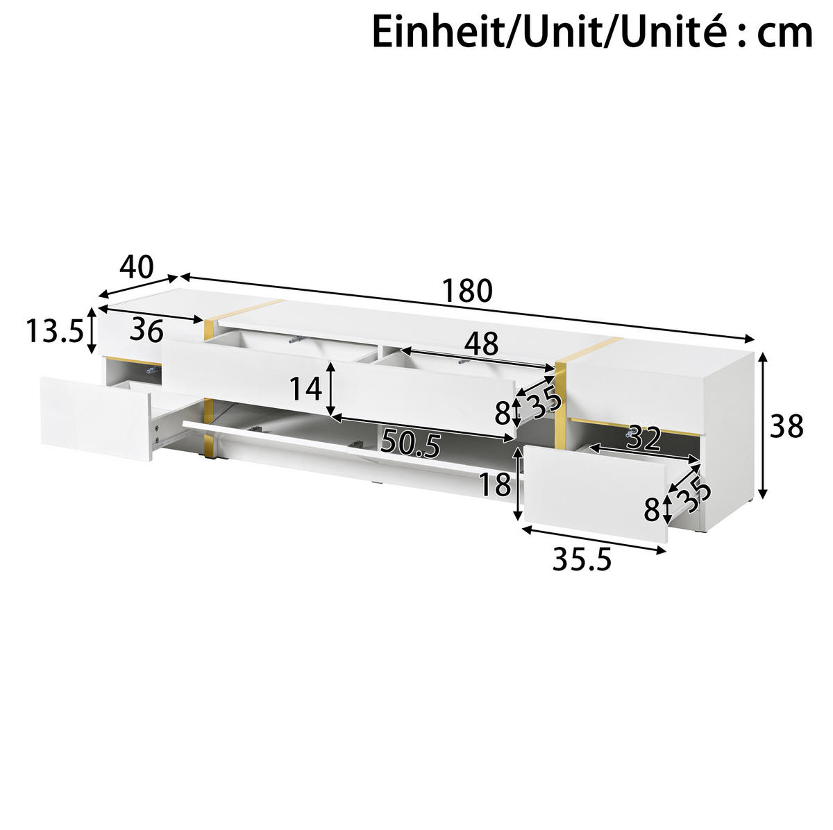 TV-SCHRANK aus MDF und Spanplatte 180x40x38 cm Weiß mit 4 Schubladen und 2 Türen, Hochglanzdesign - Weiß, Holzwerkstoff (180/38/40cm) - Modfu