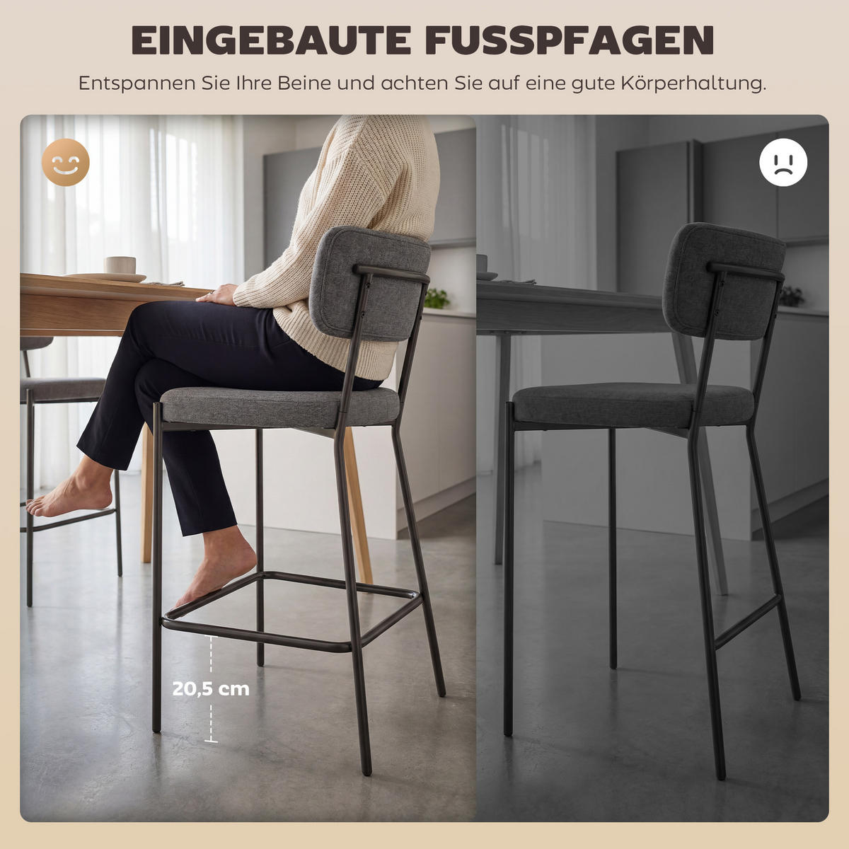 BARHOCKER 2er-Set DE-08043 mit geschwungener Rückenlehne Grau - Grau, Metall (49/93/53cm) - ComfortXL