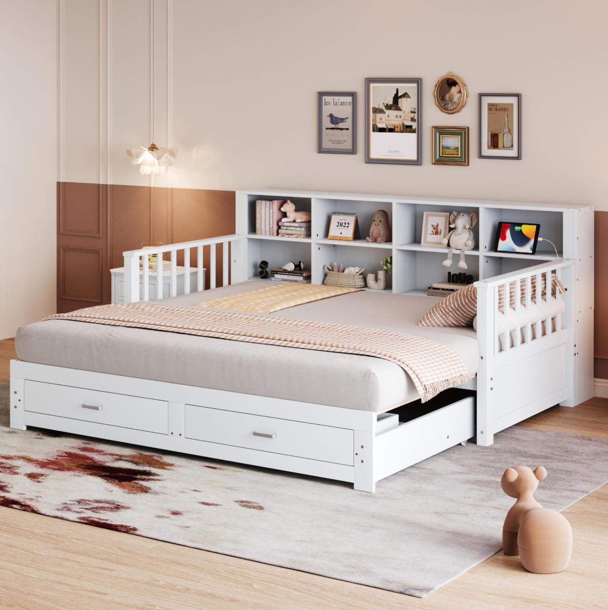 BETT aus Kiefernholz 90x190/180x190 cm Weiß mit Ausziehbett, Steckdose, Stauraumrückenlehne und 2 Schubladen - Weiß, Holzwerkstoff (90/190cm) - Modfu
