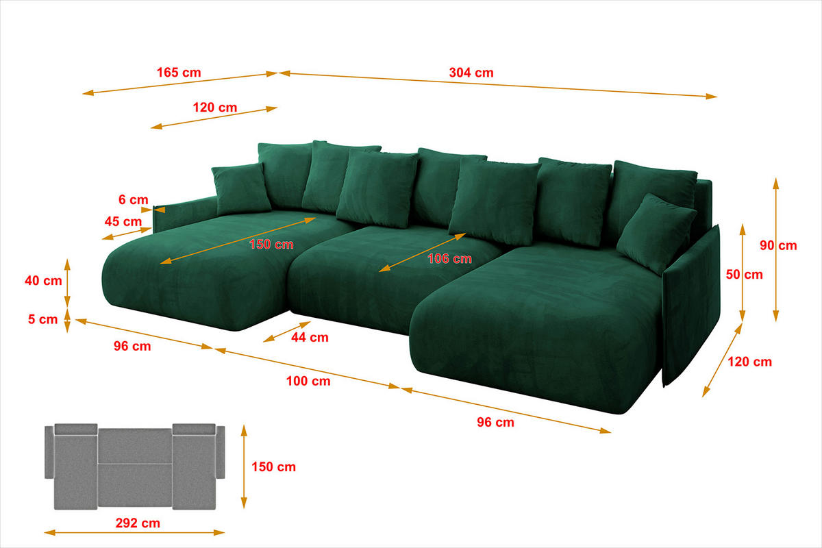 WOHNLANDSCHAFT mit Schlaffunktion und Bettkasten ONESK-U-v1 304x165x40 Dunkelgrün Velours - Dunkelgrün, Holzwerkstoff/Kunststoff (304/90/165cm) - ALTDECOR