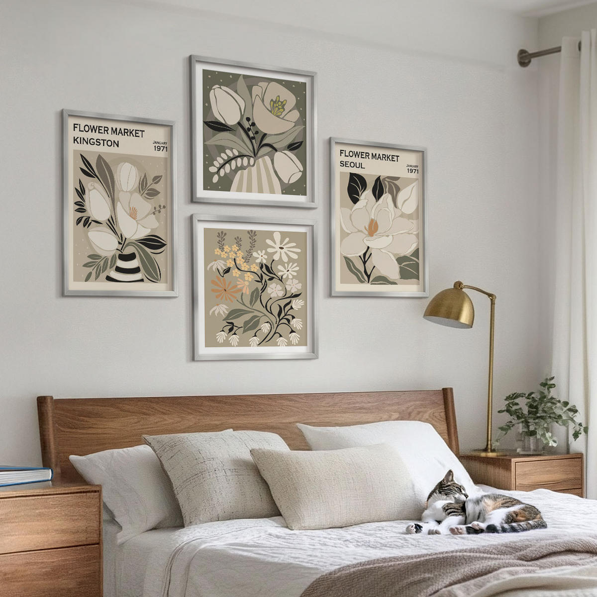 WANDBILDER 4er Set - 50x50 cm & 40x60 cm Silberner Rahmen - Kingston Seoul Retro-Blumen - Silberfarben, Kunststoff (50/50cm) - ArtPrintCave