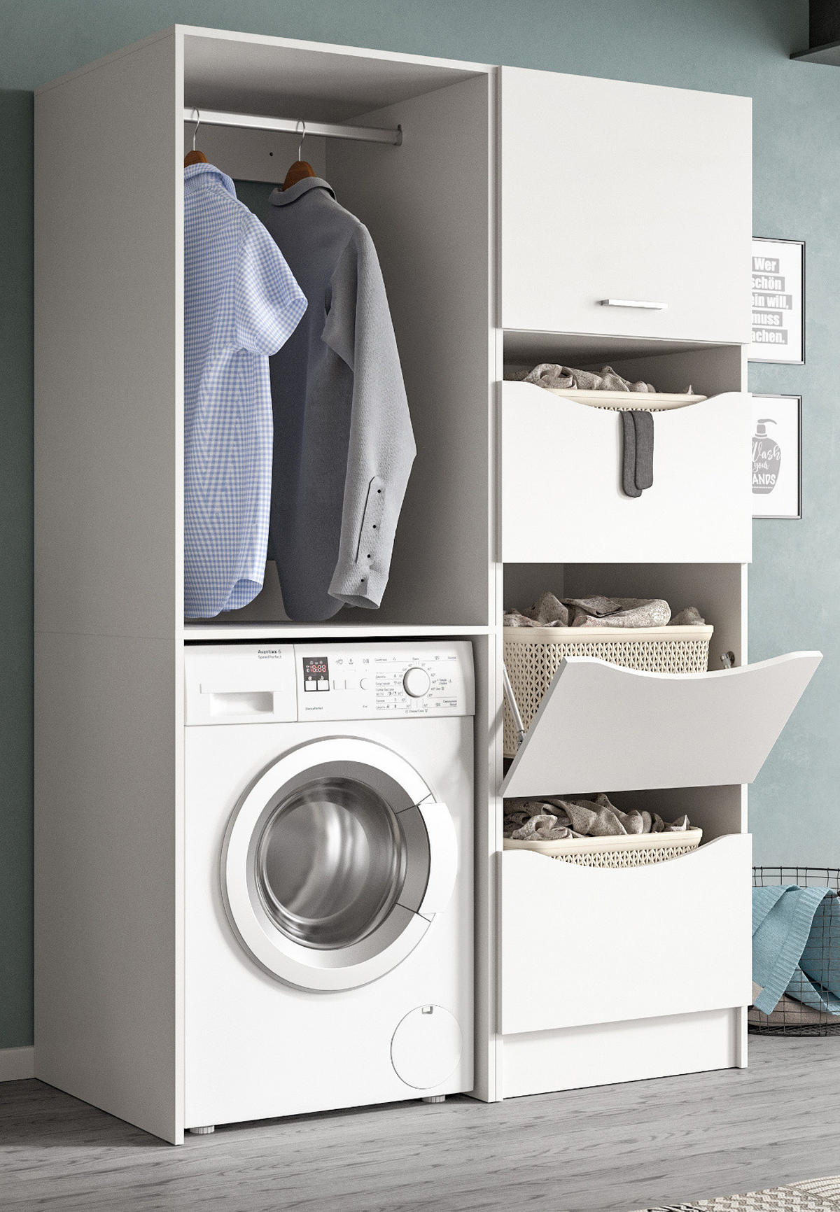 WASCHMASCHINENSCHRANK weiß Set 2-teilig 126 cm, Waschmaschinenumbau mit viel Stauraum - Silberfarben/Weiß, Glas/Holzwerkstoff (126/196/68cm) - Inn.Furn