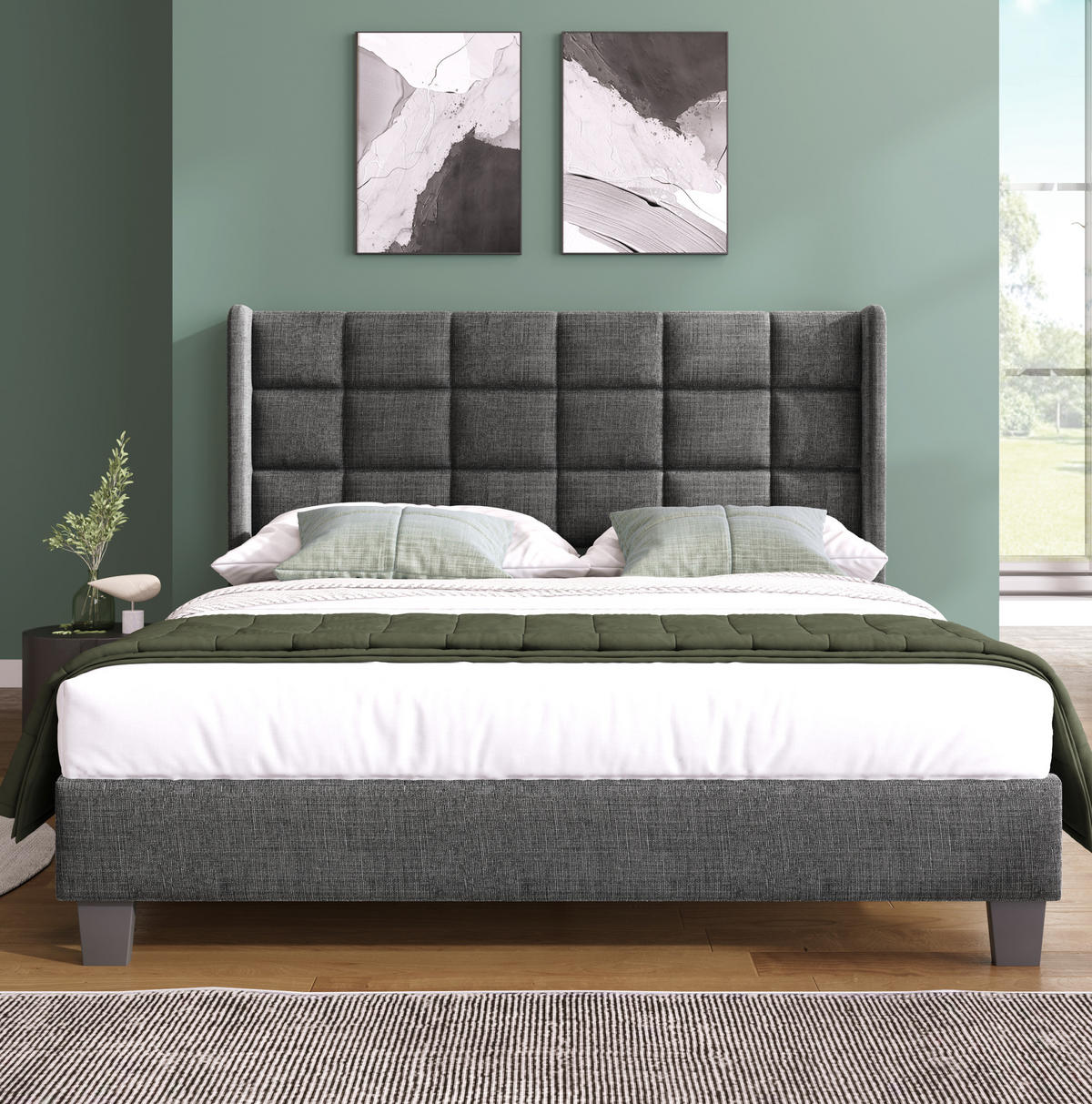 ČALÚNENÁ posteľ z ľanu 140x200 cm sivá s lamelovým roštom, vysokým čelom a oceľovým rámom - sivá, textil (140/200cm) - Modfu