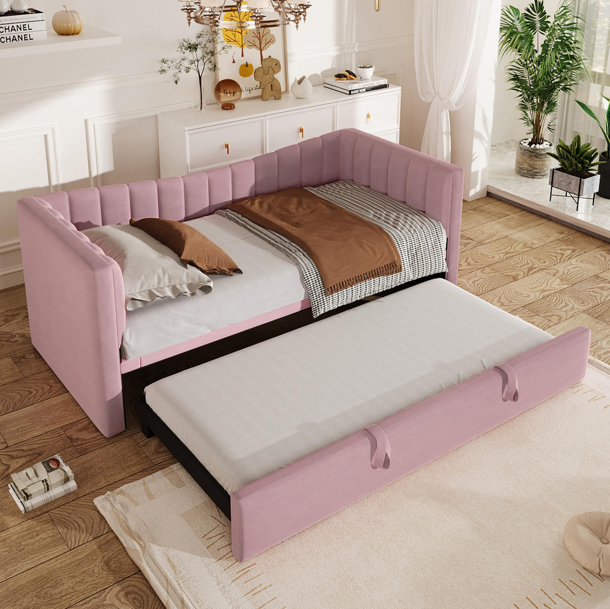 POLSTERBETT aus Samt und MDF 90x200 cm Rosa mit Ziehbett, ausziehbar auf 180x200 cm - Rosa, Textil (180/200cm) - Modfu