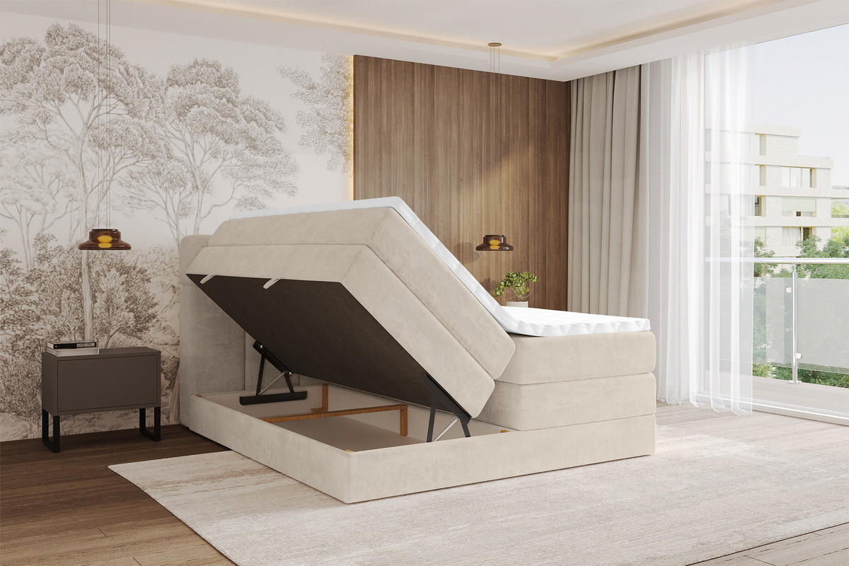 BOXBETT mit Matratze H3/H4 - FAMA KING - 160x200 cm Beige Monolith - Sahara, Holzwerkstoff (160/200cm) - ALTDECOR