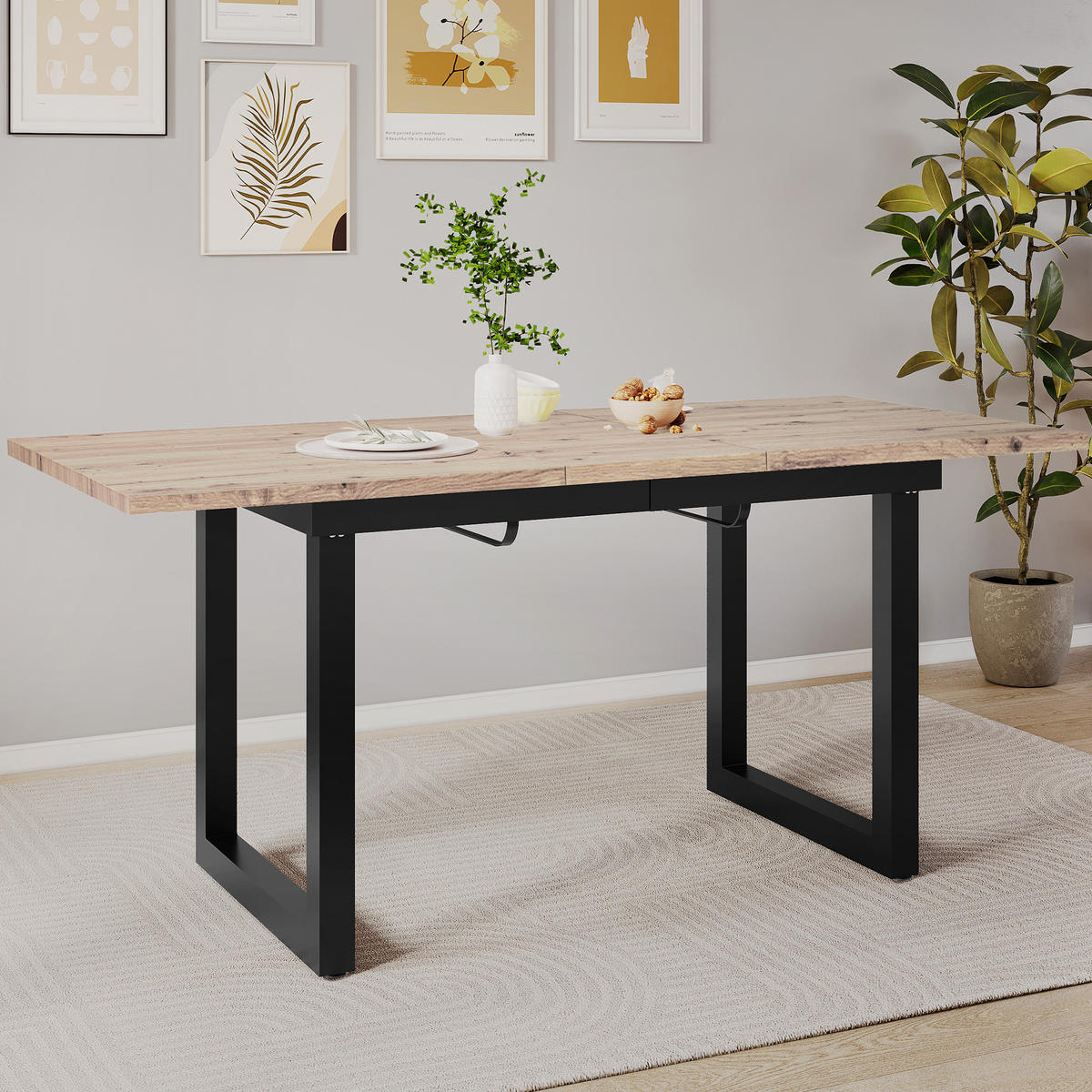 JÍDELNÍ STŮL dubový a černý, moderní jednoduchý design, železná konstrukce, do jídelny, 140×80×75 cm - přírodní/černá, kov/kompozitní dřevo (80/180/75cm) - STILVORA