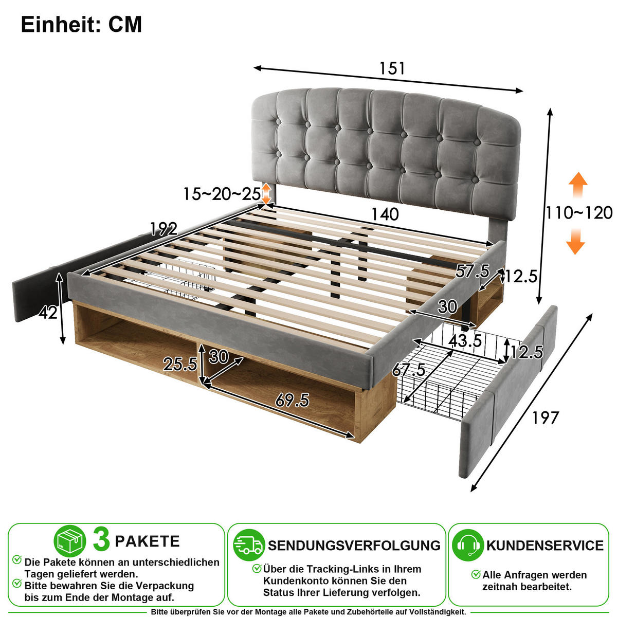 POLSTERBETT 140/190 cm in Grau Samt mit Schubladen und Stauraum - Grau, Holzwerkstoff/Textil (140/190cm) - CHICFURN