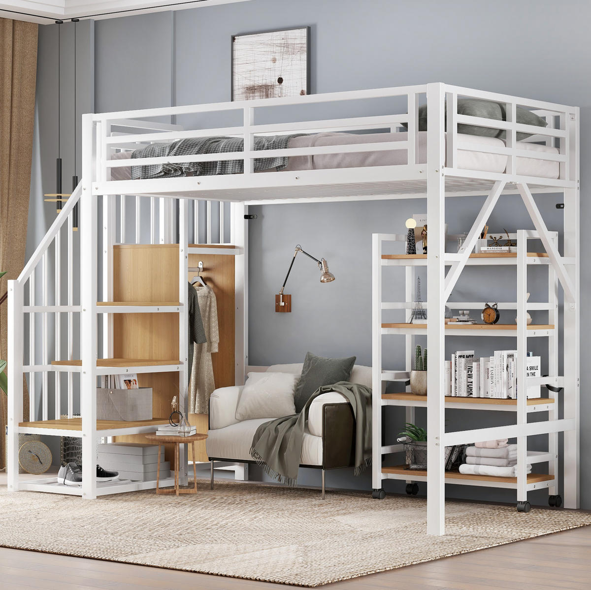 HOCHBETT 90/200 cm Weiß-Natur mit Sicherheitsgeländer und Eckleiterschrank aus Eisen und MDF - Weiß, Metall (90/200cm) - OKWISH