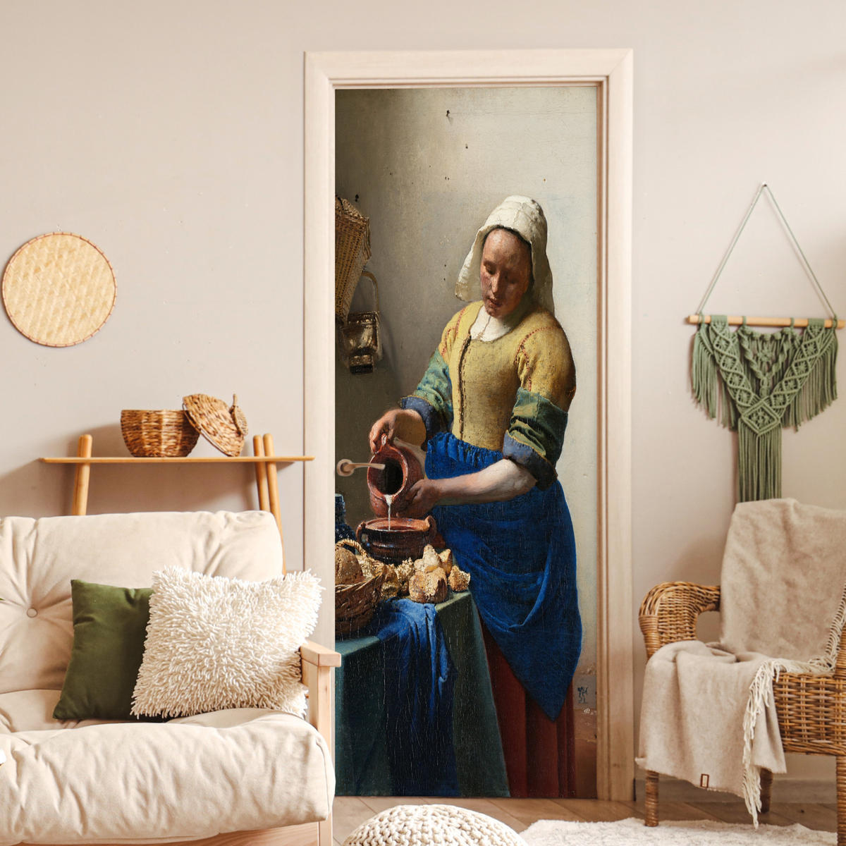 TÜRAUFKLEBER Das Milchmädchen - Johannes Vermeer Deko Wohnzimmer 95x235 cm - Türtapete - Dunkelblau, Kunststoff (95/0.1cm) - MuchoWow