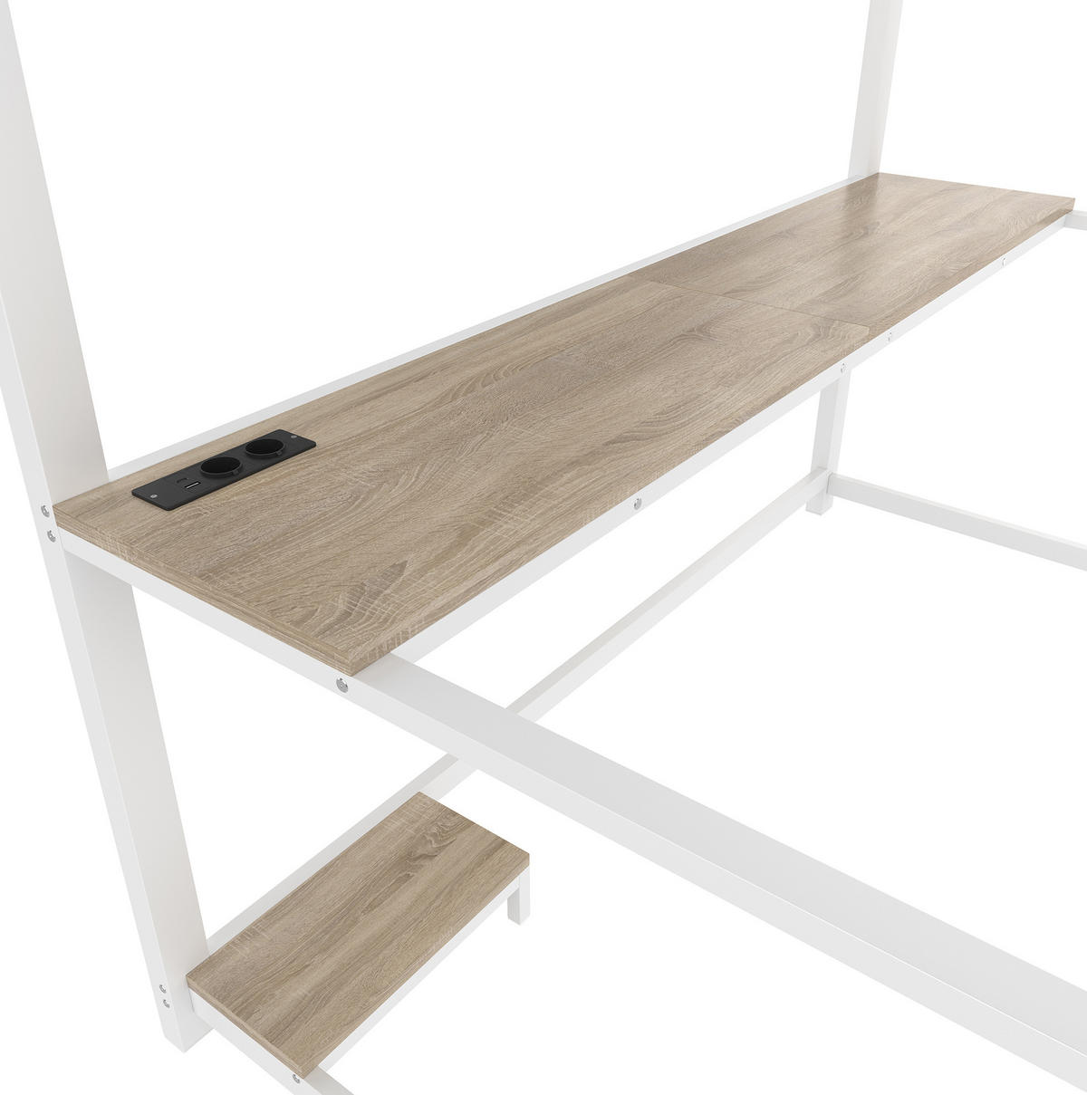 HOCHBETT 140/200 cm in Weiß mit LED-Beleuchtung, Schreibtisch und USB-Anschluss - Weiß, Metall (140/200cm) - Flora Grace