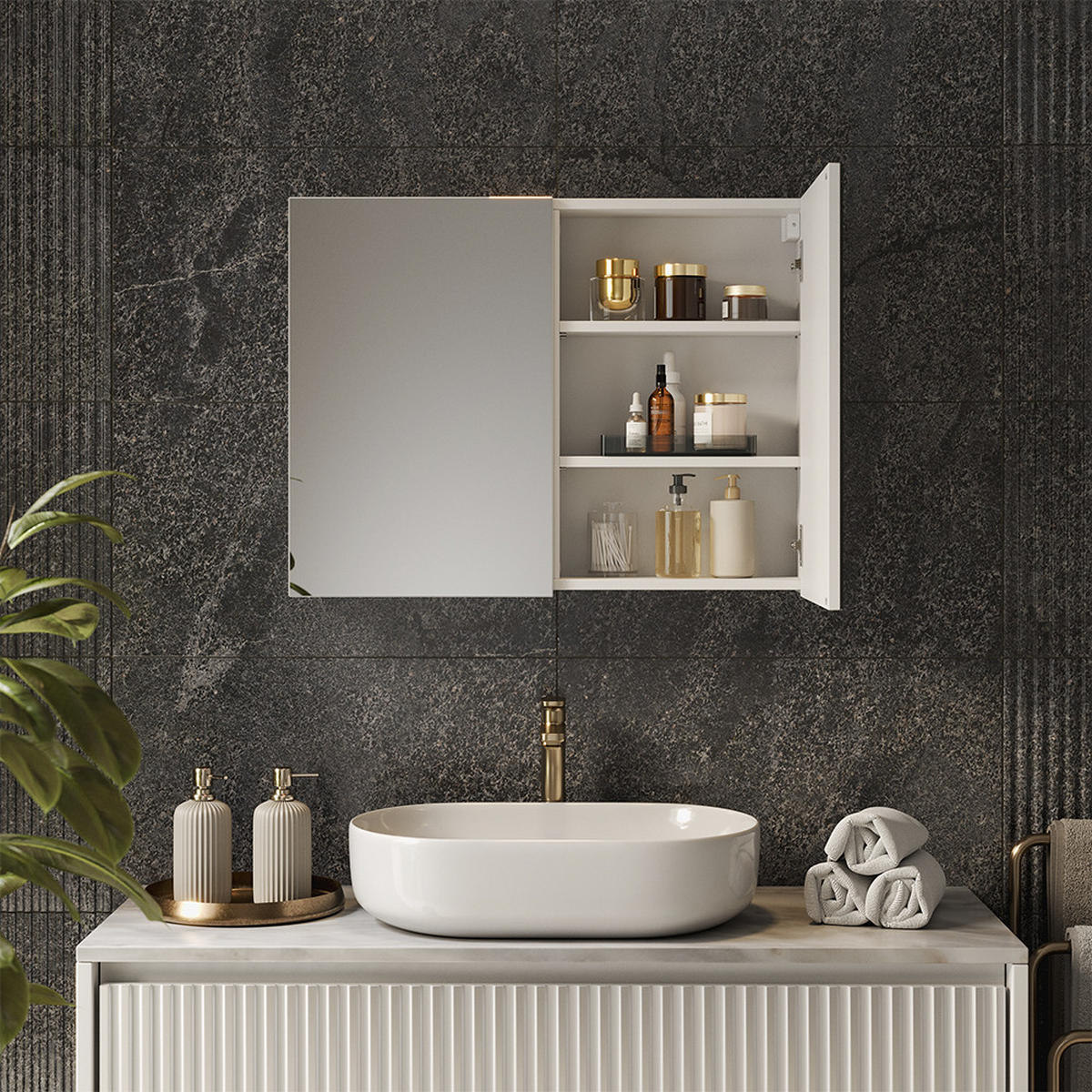 KOPALNIŠKA OMARICA Z OGLEDALOM Lavia, Bela, 80 x 60.2 cm - bela, leseni material (80/170/17cm) - Vicco