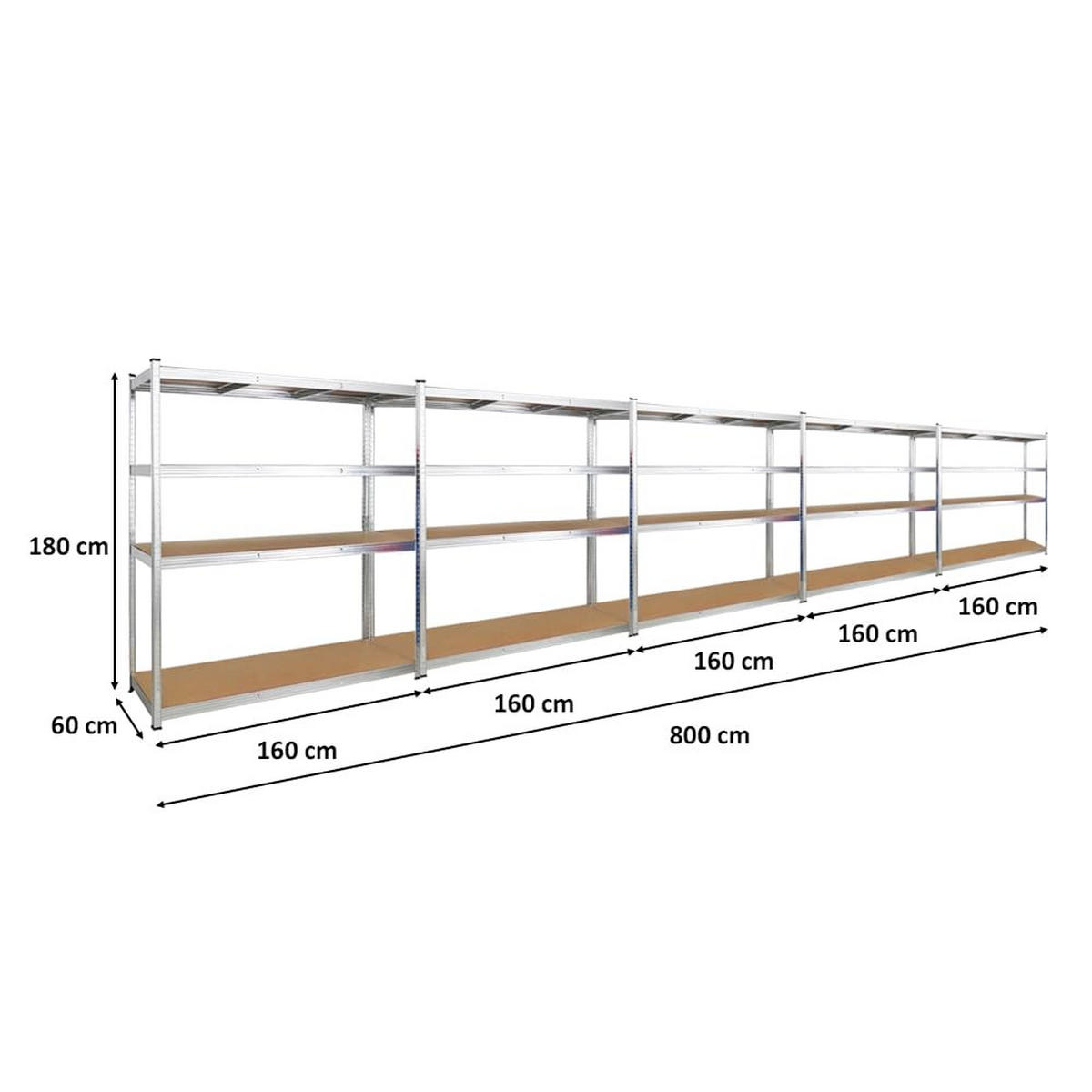 SCHWERLASTREGAL Taurus XL 5er-Set 180x160x60 cm Fachlast 250 kg Verzinkt - Silberfarben, Metall (800/180/60cm) - PROREGAL