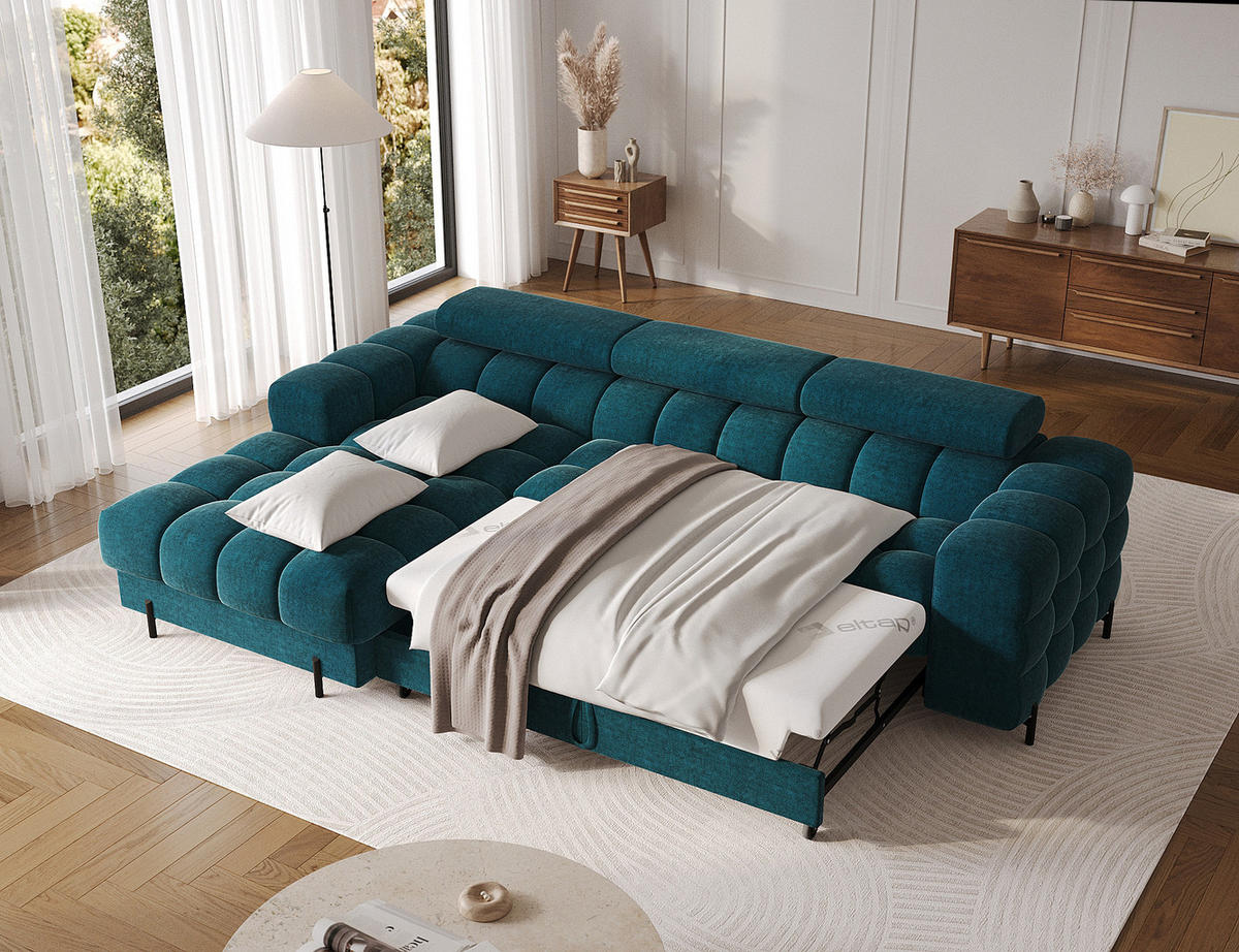 ECKSOFA FELRO mit Schlaffunktion, Bettkasten & verstellbaren Kopfstützen – Modernes Premium-Ecksofa in L-Form - Blau, Kunststoff (285/181cm) - Wohnideebilder